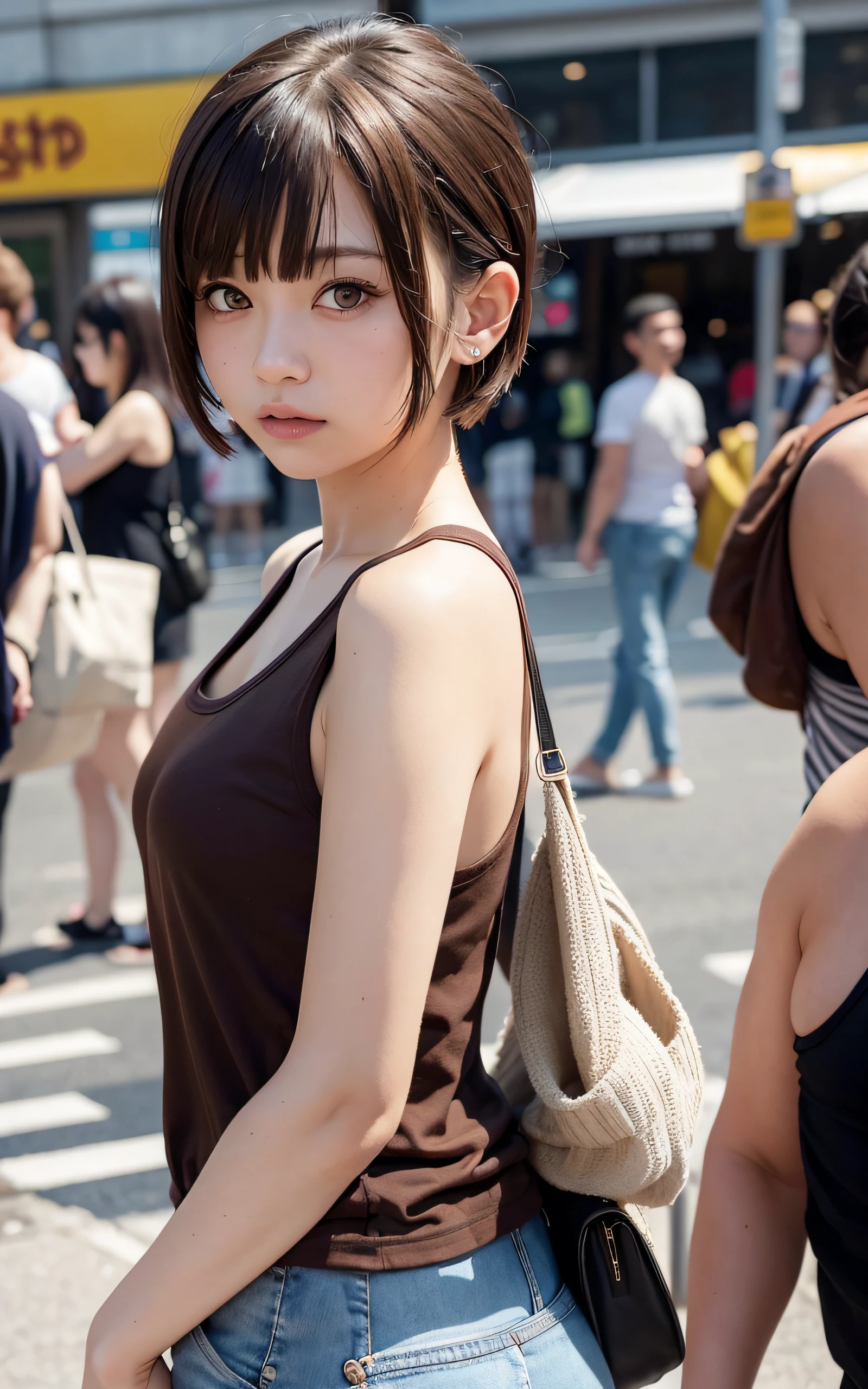 masutepiece, ultra-detailliert, Best Quality, raw phote, (Photorealistic:1.1), Insanely detailed, 1girl, Beautiful, cute, Tank top, serious expression, short hair, bangs, (Brown eyes), pale skin, from the front side, Soft light, depth of fields ,subway platform, crowd of people