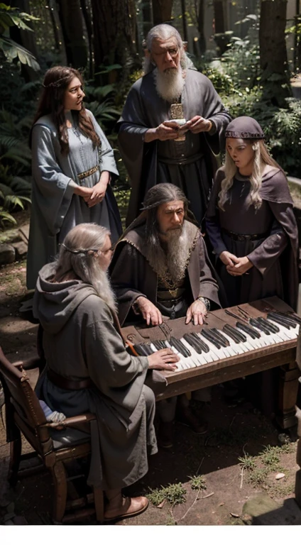 (Magos reunidos em uma roda de amigos), ((cada assistente tocando um teclado diferente)) Close-up ultra-detalhado de Gandalf em uma aventura, ((Tocando teclado com seus amigos no meio da floresta)), ((Surrounded by elves dancing and singing)) Encontro com amigos, todos vestindo a mesma roupa, Ian Mckellen, He's a wise wizard, ele usa um manto cinza, patife (Alternativamente), [Beld de couro], Gray tunic under the cloak, A family of magicians, Open Panoramic Image, um deles com roupa vermelha