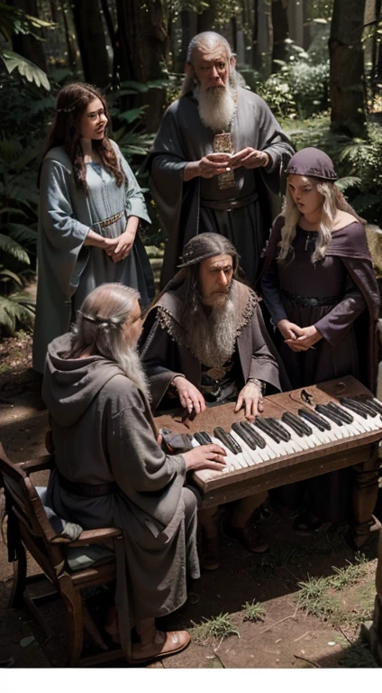 (Magos reunidos em uma roda de amigos), ((cada assistente tocando um teclado diferente)) Close-up ultra-detalhado de Gandalf em uma aventura, ((Tocando teclado com seus amigos no meio da floresta)), ((Surrounded by elves dancing and singing)) Encontro com amigos, todos vestindo a mesma roupa, Ian Mckellen, He's a wise wizard, ele usa um manto cinza, patife (Alternativamente), [Beld de couro], Gray tunic under the cloak, A family of magicians, Open Panoramic Image, um deles com roupa vermelha