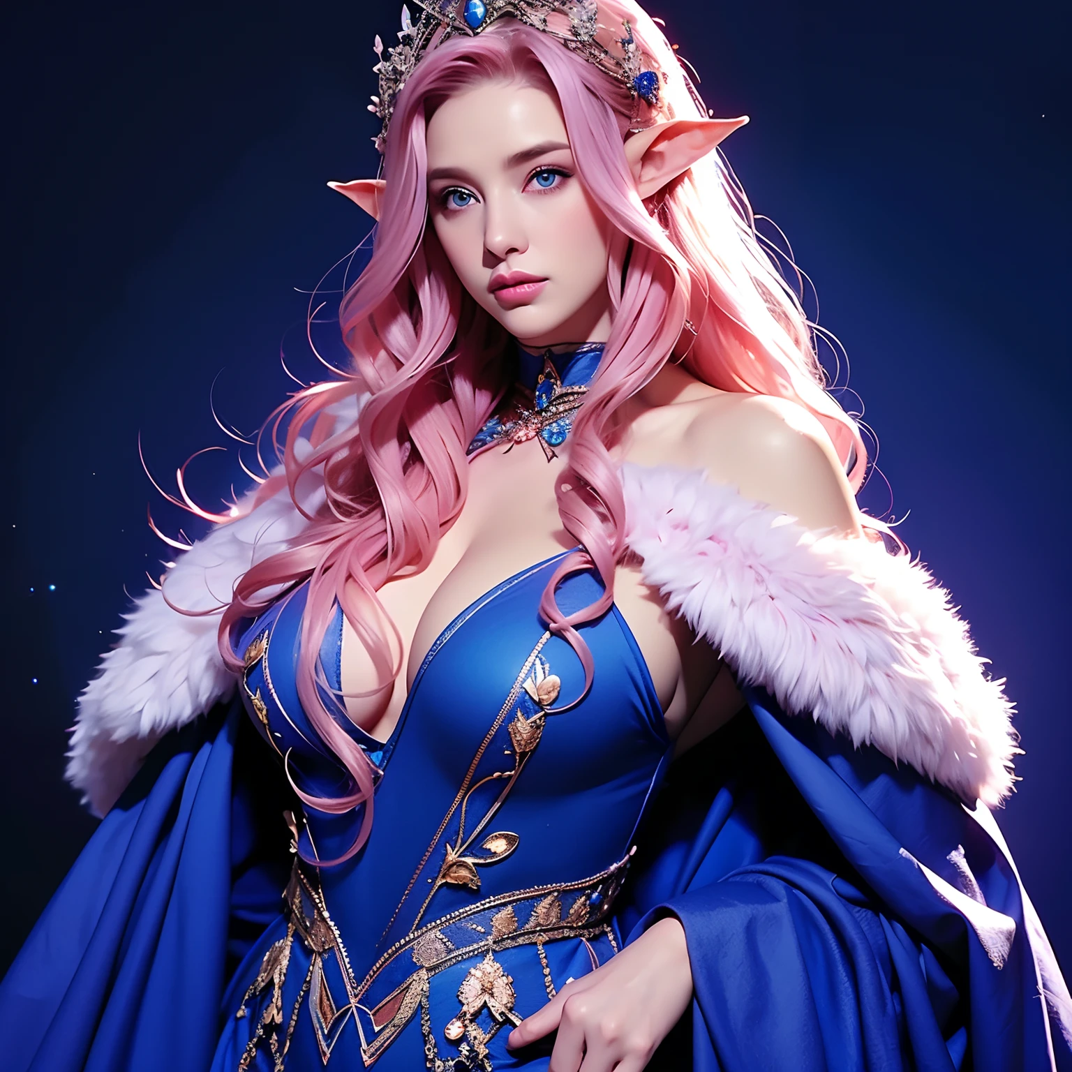 The woman, long curly hair, pink hair, blue eyes, Queen, crown, sexy outfit, fur coat, elegant, dark blue background, elf, low-cut outfit, big breast, elf, pointed ears