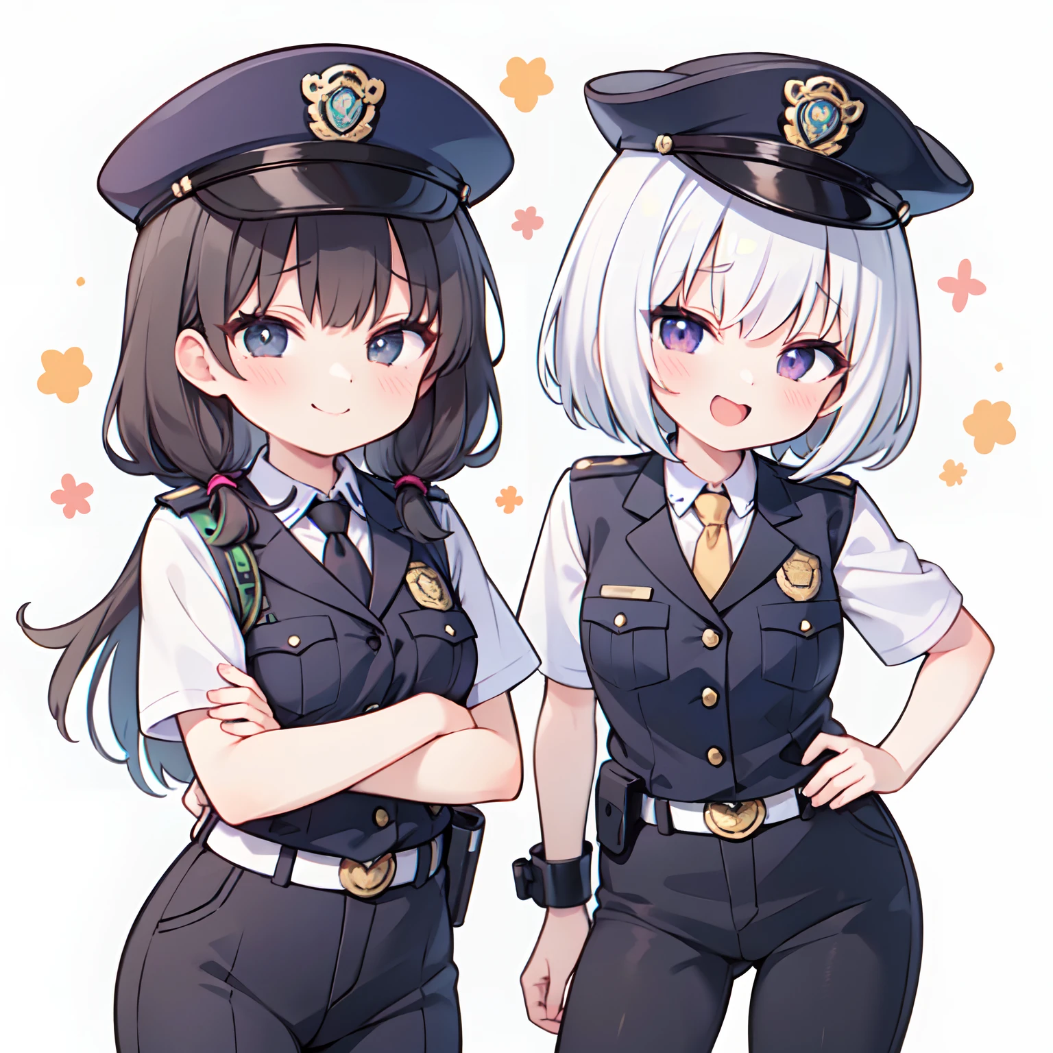 (Best Quality:1.2),(masutepiece:1.2),  multipel Girls,hightquality、hight resolution、High quality、2girls。policewoman。female cop。Lori。mesugaki,policeman's cap。(Yuri:0.7),Gray background, Same uniform,