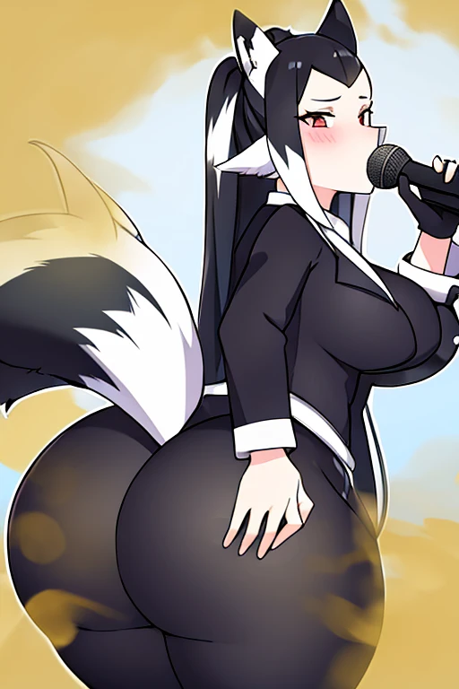 Beautiful rock singer woman in skunk costume with big tail with black and white pattern、A fart with a butt sticking out through a suit　length hair　Beast ears on the head