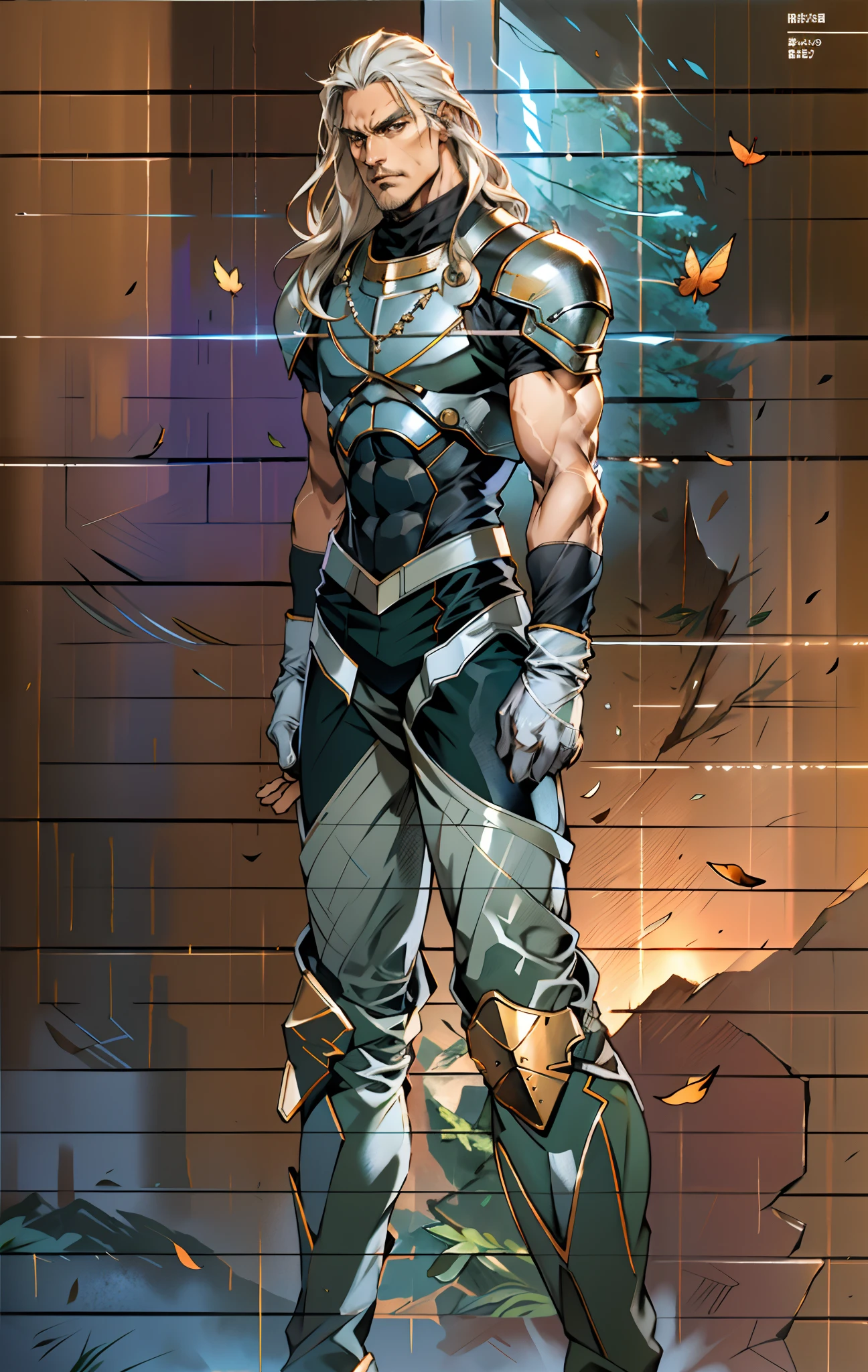 A middle-aged man, long platinum-blond hair, neatly combed hair, a square face, a serious expression, sharp eyes, tall figure, a dark fantasy-realistic style bodysuit, short sleeve, a silver-white chestplate, gloves with metal accessories, three metal blades extending from the gloves, tight-fitting pants that match the bodysuit, silver-white metal shin guards, boots, the background is a mountain forest at night, with falling leaves, this character embodies a finely crafted fantasy-realistic style assassin in anime style, characterized by an exquisite and mature manga illustration art style, high definition, best quality, highres, ultra-detailed, ultra-fine painting, extremely delicate, professional, anatomically correct, symmetrical face, extremely detailed eyes and face, high quality eyes, creativity, RAW photo, UHD, 8k, Natural light, cinematic lighting, masterpiece-anatomy-perfect, masterpiece:1.5