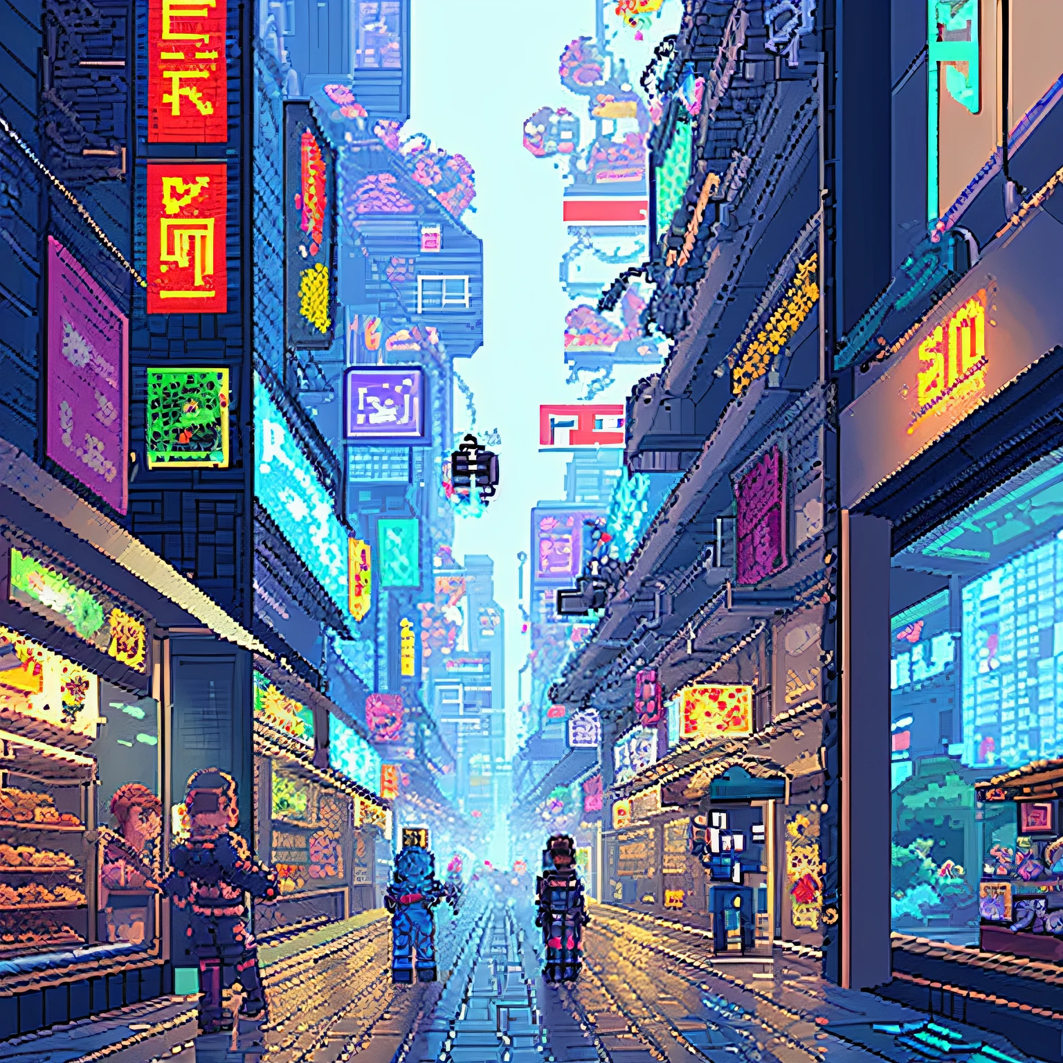 cyberpunk street, 2D, one side view, (pixel art), vendors, pixelated,