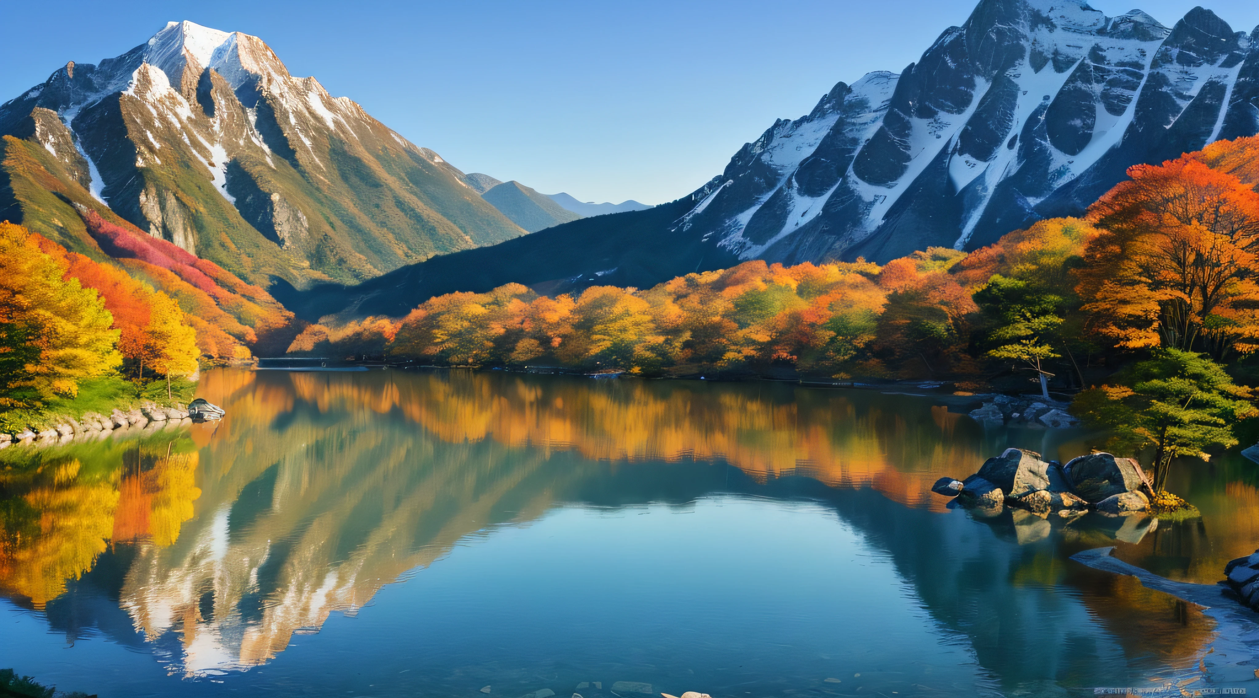 a beautiful korean mountain with lake, (Meisterwerk), (portrait), (RAW-Foto), (extrem detailliertes CG Unity 8k Wallpaper) kompliziert, Scharfer Fokus, dramatisch, Fotorealistische Kunst