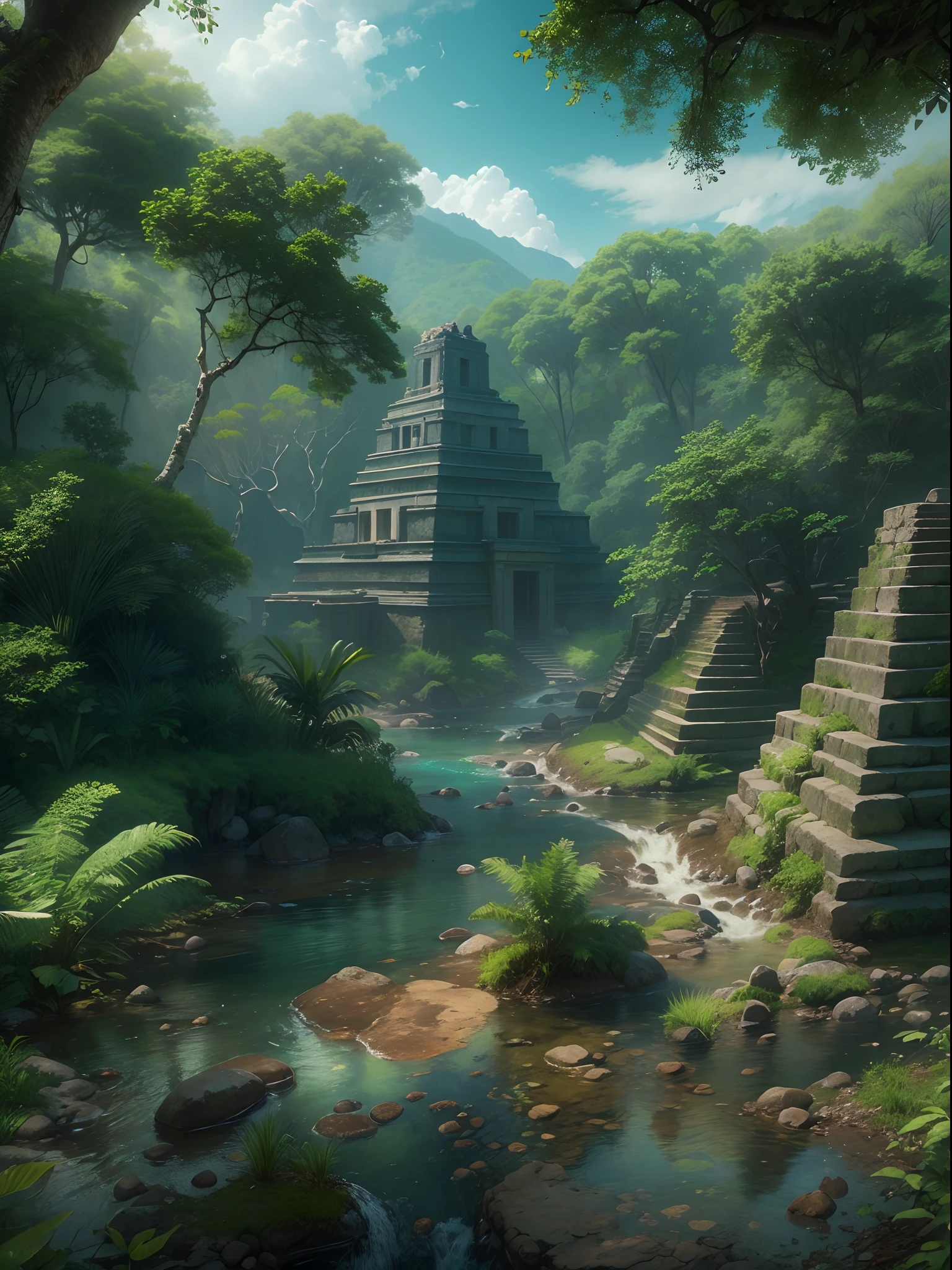 (Best quality,4K,8K,A high resolution,Masterpiece:1.2), Ultra-detailed, (Realistic,Photorealistic,photo-realistic:1.37),Magical nature，Tropical rainforest scenery，Award-winning photography，perfect compositions，（blue-sky，Mayan temple in the distance），（A very wide and clear stream flows slowly），(((There are a lot of trees，Small rivers，A stream in the mountains)))