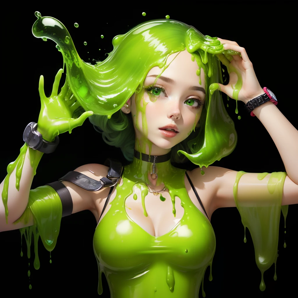 Green slime tentacle girl neck tentacle slimed wearing watches bracelets and choker green ooze green slimed