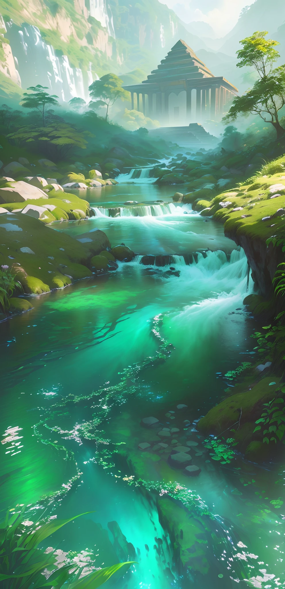 There is a beautiful stream in the Amazon Rain Forest，There are many trees on both sides of the stream, At the end of the stream is the Pyramid of the Sun，Streams in the mountains，Crystal clear streams，painterly concept art, 8K，digitial painting, Vibrant streams, Unreal Engine Digital Painting, Relaxing concept art, beautiful digital painting, Gorgeous digital painting, A stream with a charming flow of water, highly realistic concept art, Stunning，concept-art, environment painting, , Streams with low-hanging plants, (Ghibli-like colours, chiaroscuro, first-person view, wide shot, UHD, masterpiece, ccurate, super detail, best quality)