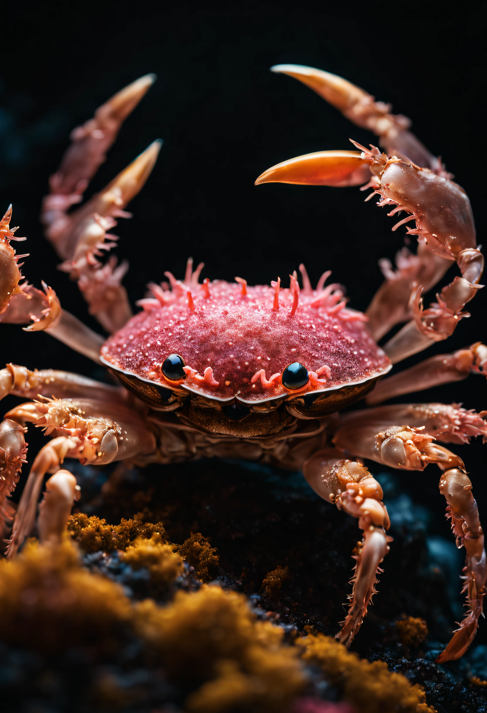 photo RAW, (Black and pink, Portrait of a ghostly Crabs, shiny aura, highly detailed, gold filigree, intricate motifs, organic tracery, glowing stardust, perfect composition, smooth, sharp focus, sparkling particles, lively coral reef background Realistic, realism, hd, 35mm photograph, 16k), masterpiece, award winning photography, natural light, perfect composition, high detail, hyper realistic