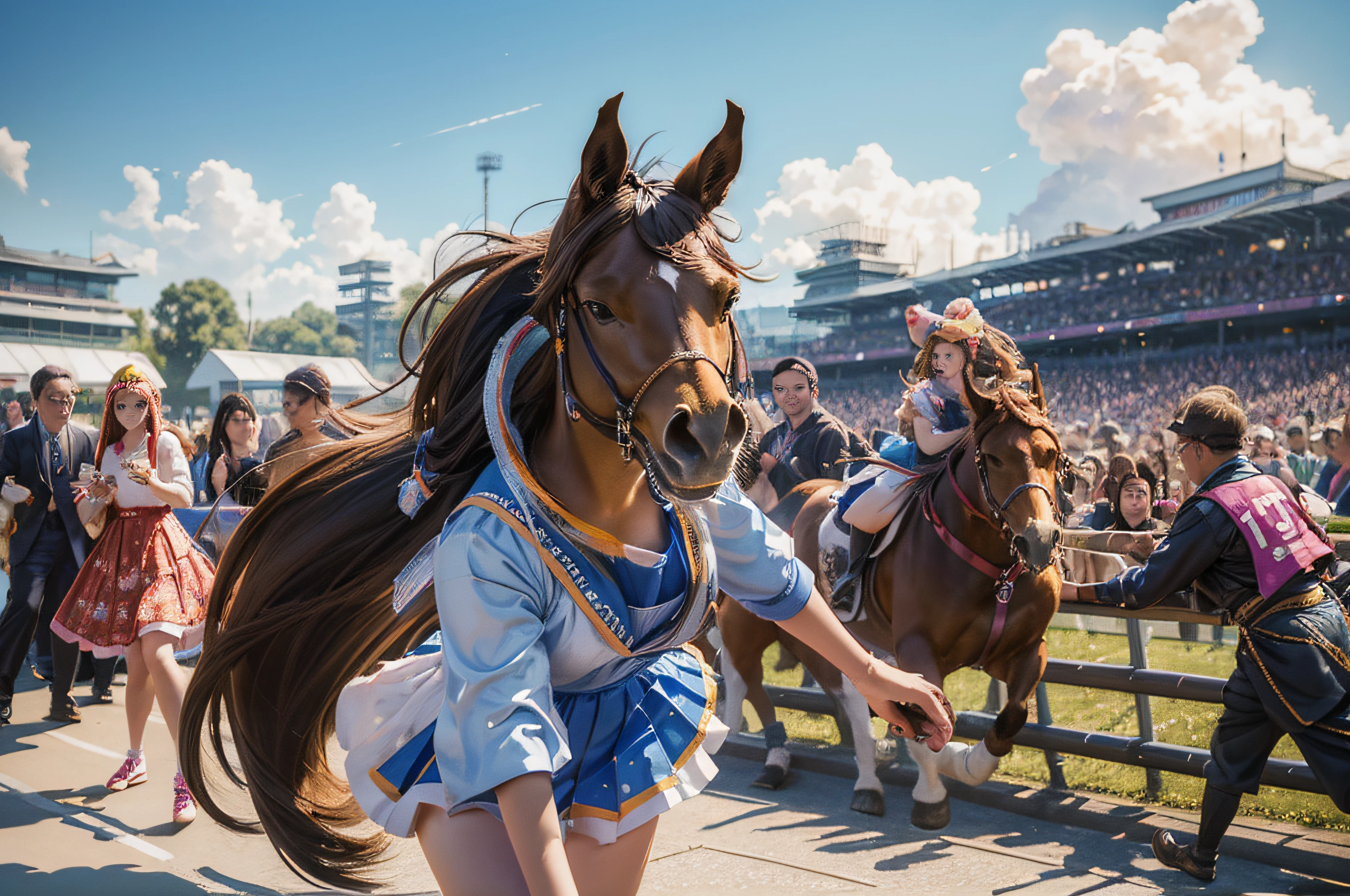 Girls of Japan Idol Groups.Inc. performing, ((8K, RAW Photos, Top image quality, masutepiece:1.2)), (Realistic, Photorealistic: 1.3), (depth of fields: 1.2), Beautiful Japan woman in her 20s, (Have brown horse ears:1.4), Sprint Rows, (1 person:1.3), 1 girl, Idol, Blue costume, (Blue Ultimate Sailor Idol Dress), Colorful idol dresses, (Woman with horse ears and tail), Volumetric lighting, Highly detailed face and skin texture, Delicate eyes, Twin Tail Rabbit Style Haircut, Flowing hair, Cute smile, Greengrass Racecourse, (Packed crowd: 1.5), (Sprint:1.5), Midsummer blue sky, Complex Detail, (Round face: 2.0), (Explosion of pixel particles:1.2), (Eight female idols with horse ears flock from behind and chase you at full speed), blurry backround, Photo from below the front,  Anime Uma Musume style photo