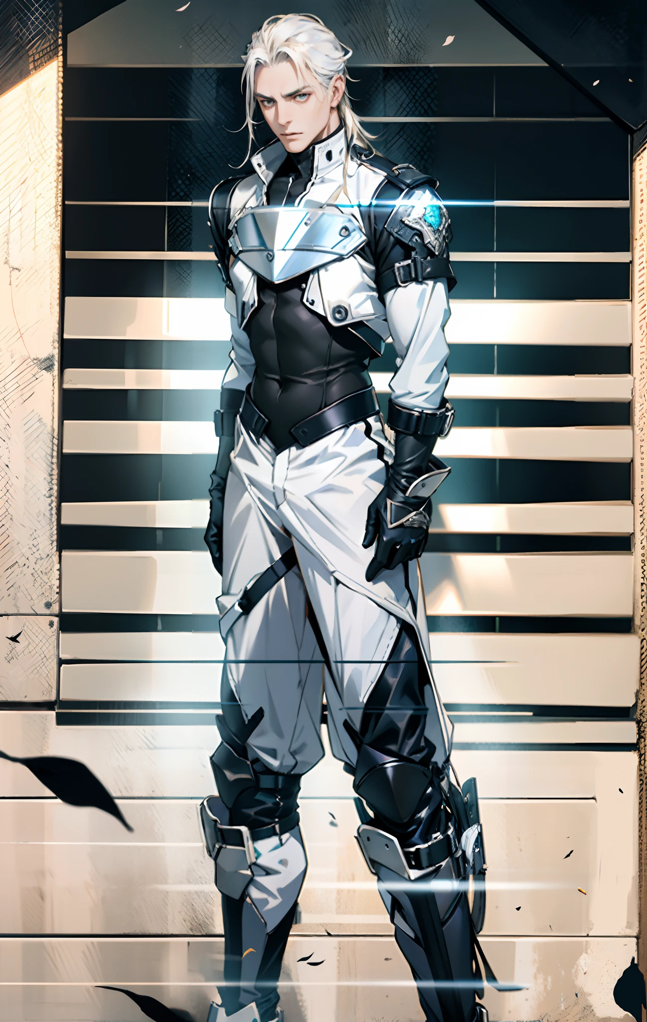 A middle-aged man, long platinum-blond hair, neatly combed hair, a square face, a serious expression, sharp eyes, tall figure, a dark fantasy-realistic style bodysuit, short sleeve, a silver-white chestplate, gloves with metal accessories, three metal blades extending from the gloves, tight-fitting pants that match the bodysuit, silver-white metal shin guards, boots, the background is a mountain forest at night, with falling leaves, this character embodies a finely crafted fantasy-realistic style assassin in anime style, characterized by an exquisite and mature manga illustration art style, high definition, best quality, highres, ultra-detailed, ultra-fine painting, extremely delicate, professional, anatomically correct, symmetrical face, extremely detailed eyes and face, high quality eyes, creativity, RAW photo, UHD, 8k, Natural light, cinematic lighting, masterpiece-anatomy-perfect, masterpiece:1.5