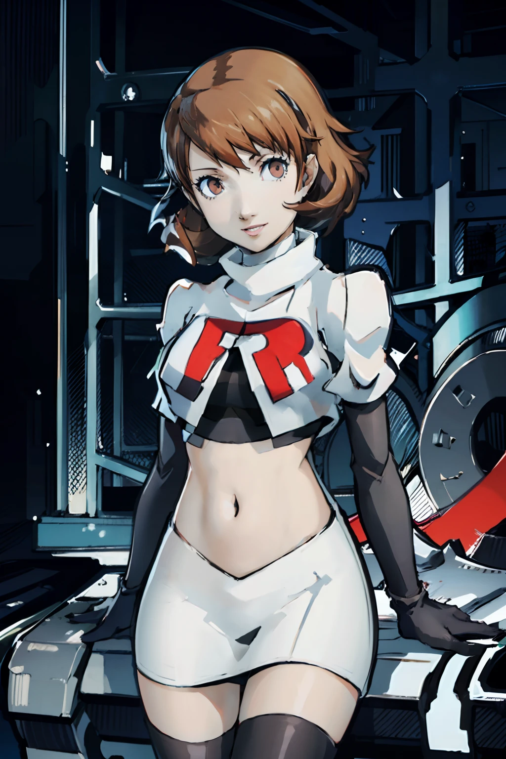 takeba_yukari (Persona 3) ,brown hair, team rocket, team rocket uniform, red letter R, white skirt, white crop top, black thigh-high boots, black elbow gloves, evil smile