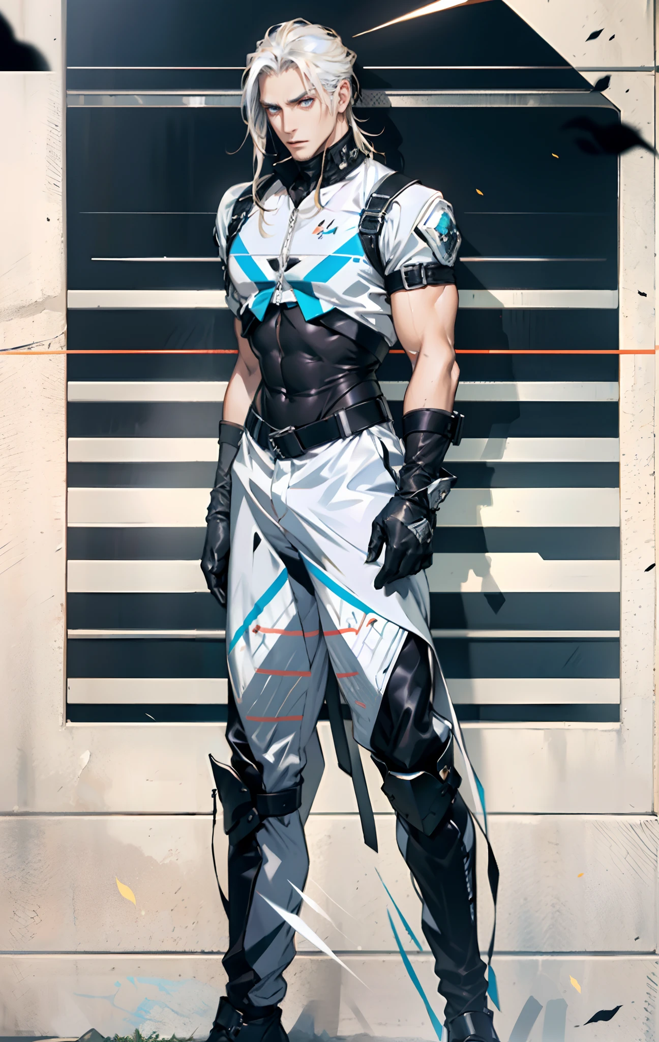 A middle-aged man, long platinum-blond hair, neatly combed hair, a square face, a serious expression, sharp eyes, tall figure, a dark fantasy-realistic style bodysuit, short sleeve, a silver-white chestplate, gloves with metal accessories, three metal blades extending from the gloves, tight-fitting pants that match the bodysuit, silver-white metal shin guards, boots, the background is a mountain forest at night, with falling leaves, this character embodies a finely crafted fantasy-realistic style assassin in anime style, characterized by an exquisite and mature manga illustration art style, high definition, best quality, highres, ultra-detailed, ultra-fine painting, extremely delicate, professional, anatomically correct, symmetrical face, extremely detailed eyes and face, high quality eyes, creativity, RAW photo, UHD, 8k, Natural light, cinematic lighting, masterpiece-anatomy-perfect, masterpiece:1.5