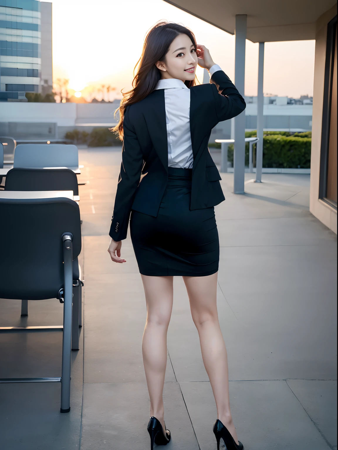 (masutepiece:1.3), (8K, Photorealistic, Raw photo, Best Quality: 1.4), Japanese, (1girl in), Beautiful face, (Realistic face), (Black hair), Beautiful hairstyle, Realistic eyes, Beautiful detailed eyes, (Realistic skin), Beautiful skin, Attractive, 超A high resolution, A hyper-realistic, Highly detailed, Golden ratio, (Full body:1.37), (Woman in pencil skirt and suit jacket with attention to detail:1.4), (Office Lady), professionattire, high-heels, (Happy smile:1.3), (long straight hair with a flowing shine,,,,,,,,,,,,,,,,,,,,:1.3), BREAK, (huge-breasted, Big ass:1.3), Scenery, (Beautiful sunrise background:1.2), from behind, Backshots, Arched back, (arms behind back), Beautiful detailed eyes, Looking at Viewer, From below, (No makeup), (Cute), Photon mapping, (Professional Lighting), finely detail, (Children's Panties) ), (skirt rift:1.1),