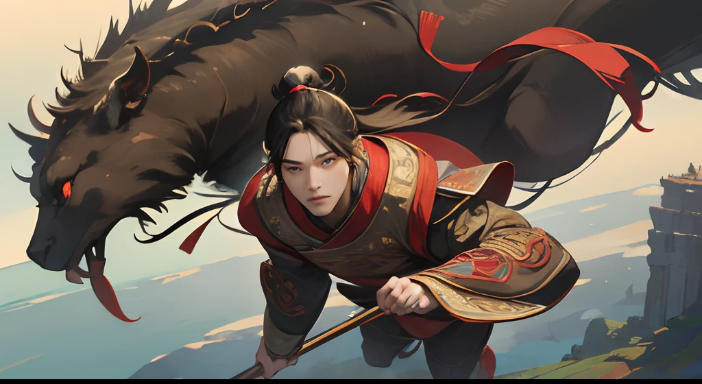 systemic ,Full body photo,of the whole body,Realistic photograph of an ancient Chinese man, Serious side face, systemic , Fly face down in the sky, 8k high res, sharp and realistic details, Masterpiece