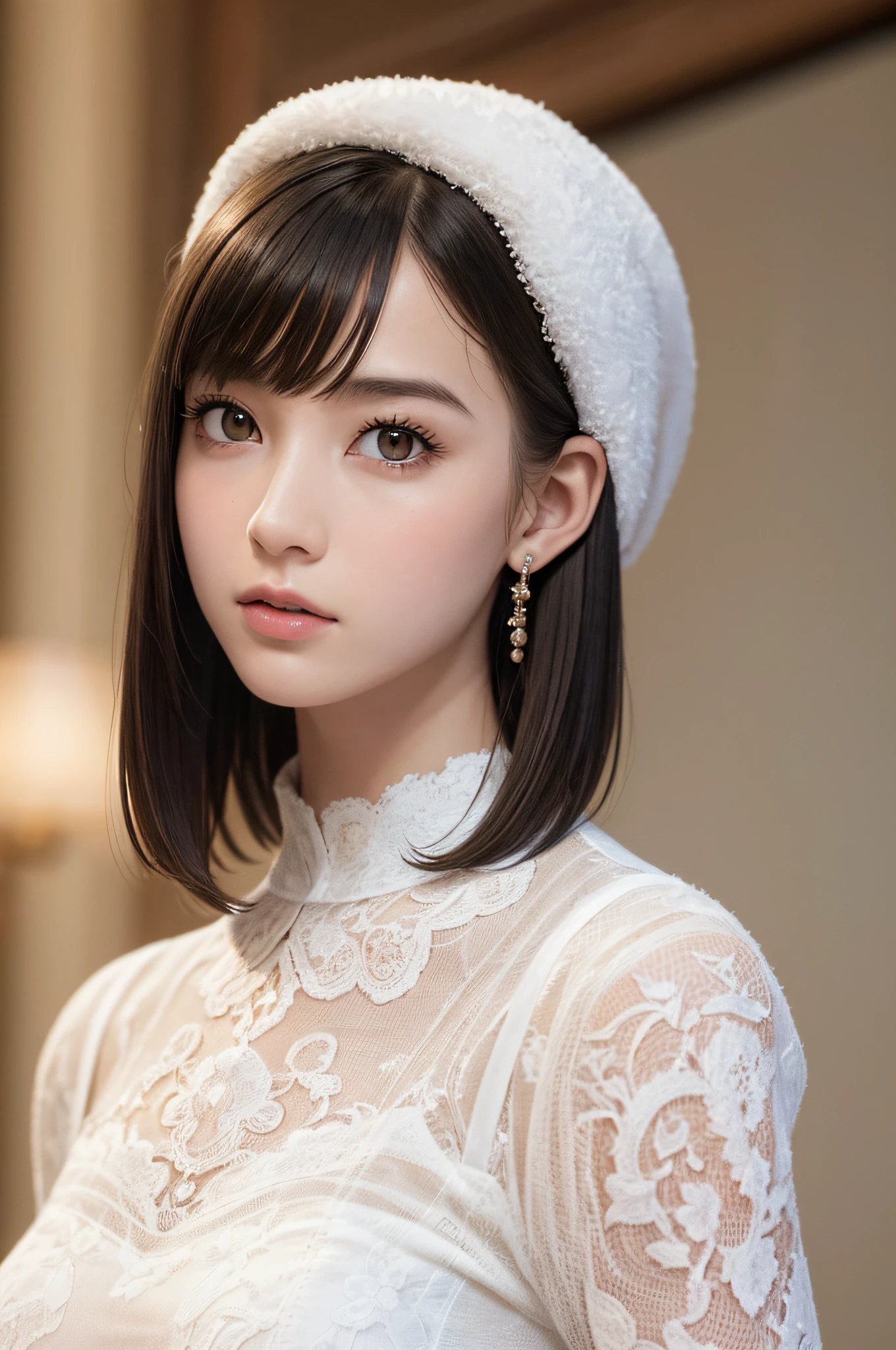 (8k, RAW photos, top quality, masterpiece: 1.2), ultra detailed, super resolution, (real, real photos: 1.37), portraits, high definition RAW color photos, professional photos, very detailed and beautiful, highly detailed, 8k wallpapers, amazing details, huge file size, official art, highly detailed CG Unity 8k wallpapers, highly detailed beautiful girls, highly detailed faces, Highly Detailed Eyes, Highly Detailed Skin, Highly Detailed Fingers, Very Detailed Nose, Highly Detailed Detailed Mouth, Perfect Anatomy, Detailed Background, Detailed Clothes, One Girl, (20:1.2), 20s, Cute Girl, Realistic Body, Petite, White Skin, Radiant Skin, Slim Body, Black Hair, Short Hair, (Blunt Bangs: 1.2), Cute, Youthful, Pretty Face, Realistic Face, Delicate Eyes, Sale Eyes, ( (Fashionable winter clothes)), ((Up)), ((((Short hair)))), Earrings, Looking at the camera, Cowboy shot, Facing Front, Standing Posture, Contrapposto, Dynamic Lighting, C Cup Breasts,