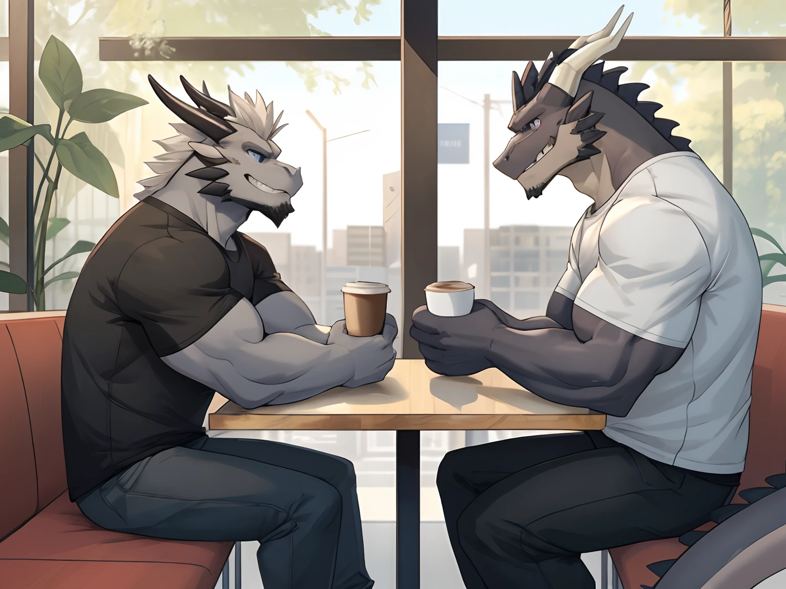 (Best Quality), 1Male, (Furry Gray Dragon), Blue Eyes, White Medium Hair, Casual Set, Casual Shirt, Muscular, Good Looking, Smiling, 1Male, (Furry Black Dragon), Purple Eyes, Gray Medium Hair, Gray Facial Hair, Casual Set, Casual Shirt, Good Looking, Muscular, Smiling ((Gray Dragon Give Black Dragon a cup of coffee and feed him)), Sitting in sofa, table, close to each other, Comfortable, Warm Feeling, Joy Expression, Morning, Cafe Background.