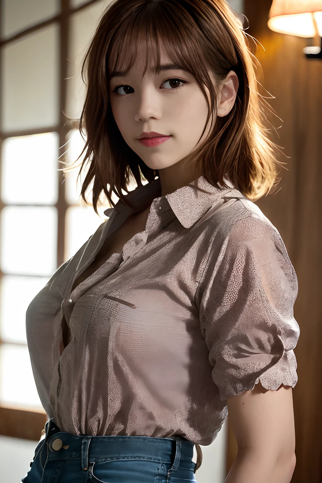 (extremely detailed CG unity 8k wallpaper), (masterpiece), (best quality), (ultra-detailed), (best illustration), (best shadow), ultra-high res, (photorealistic:1.4), 1girl at home, ((very oversize shirt, buttoned shirt, open shirt)), (man shirt), no bra, collarbone, (small breasts:1.2), small, (long hair:1.2), looking at viewer, light smile, upper body, makeup,