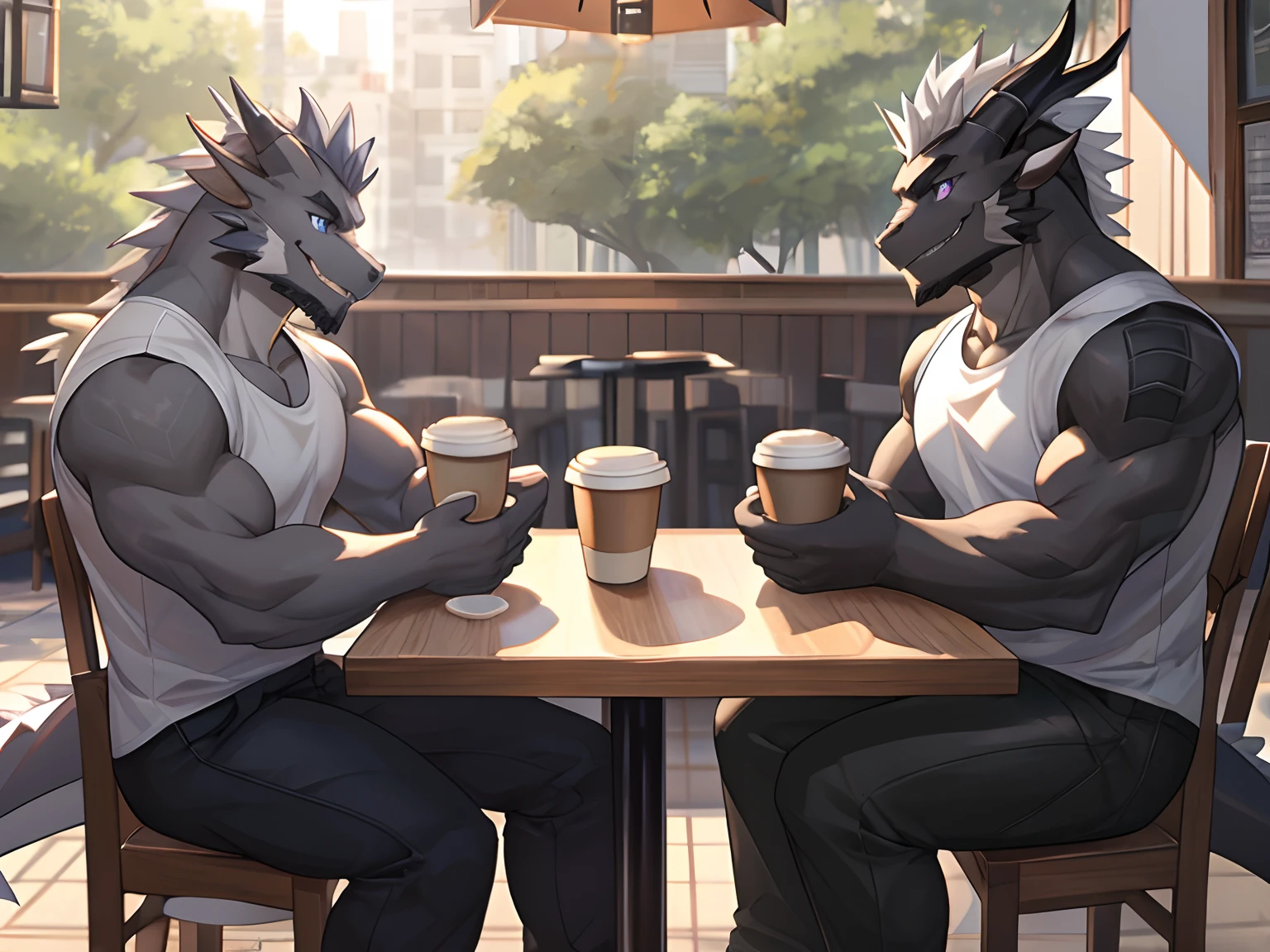 (Best Quality), 1Male, (Furry Gray Dragon), Blue Eyes, White Medium Hair, Casual Set, Muscular, Good Looking, Smiling, 1Male, (Furry Black Dragon), Purple Eyes, Gray Medium Hair, Gray Facial Hair, Casual Set, Good Looking, Muscular, Smiling ((Gray Dragon Feed Black Dragon with a cup of coffee)), Sitting in chair, table, side by side, Comfortable, Warm Feeling, Joy Expression, Morning, Cafe Background.