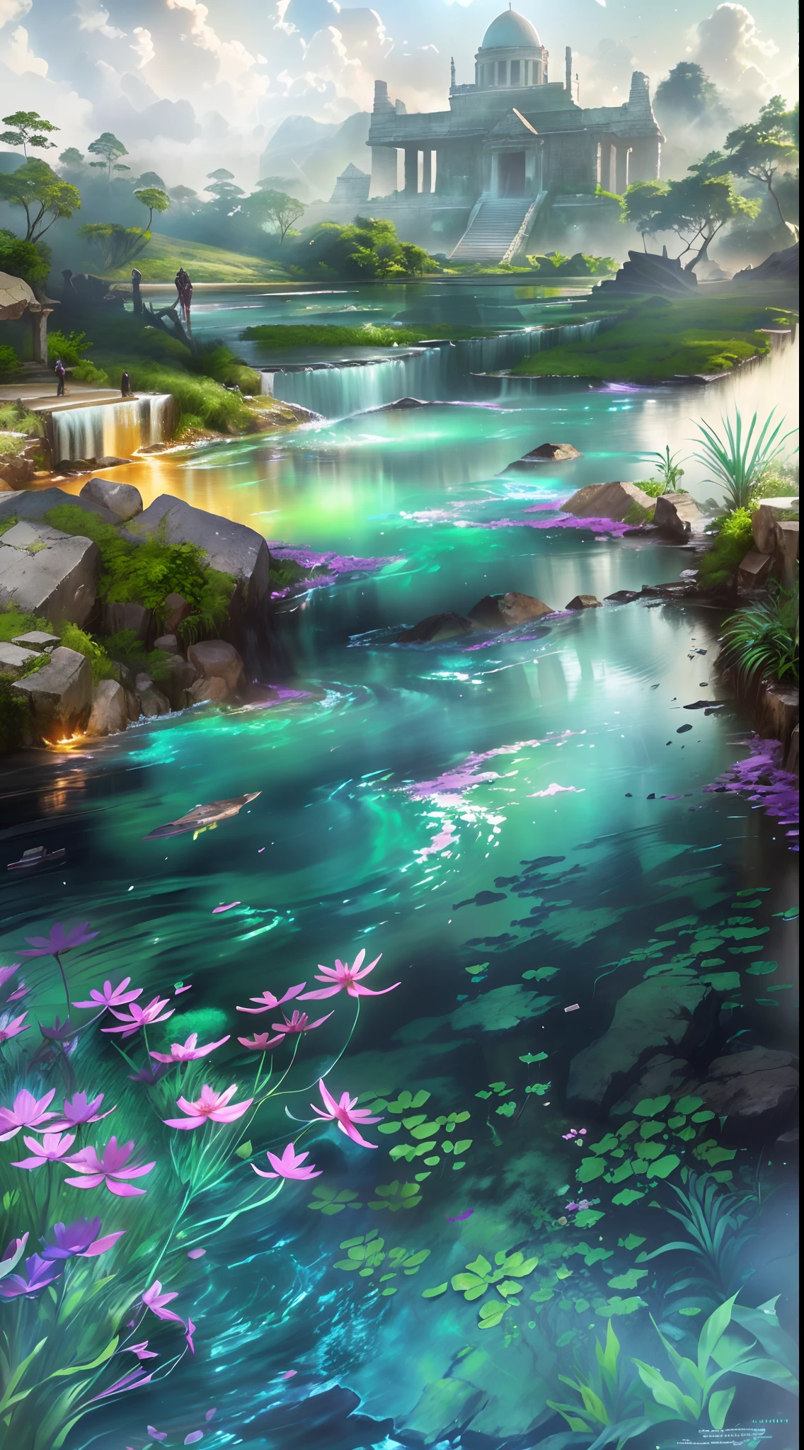 There is a creek in the rainforest,There are many trees on both sides of the stream, At the end of the stream is the Mayan Temple,painterly concept art, 8k resolution digital painting, 8 k resolution digital painting, vibrant water river, Unreal Engine Digital Painting, Relaxing concept art, beautiful digital painting, Gorgeous digital painting, river with stunning water, highly realistic concept art, Stunning! concept-art, environment painting, Streams with low-hanging plants