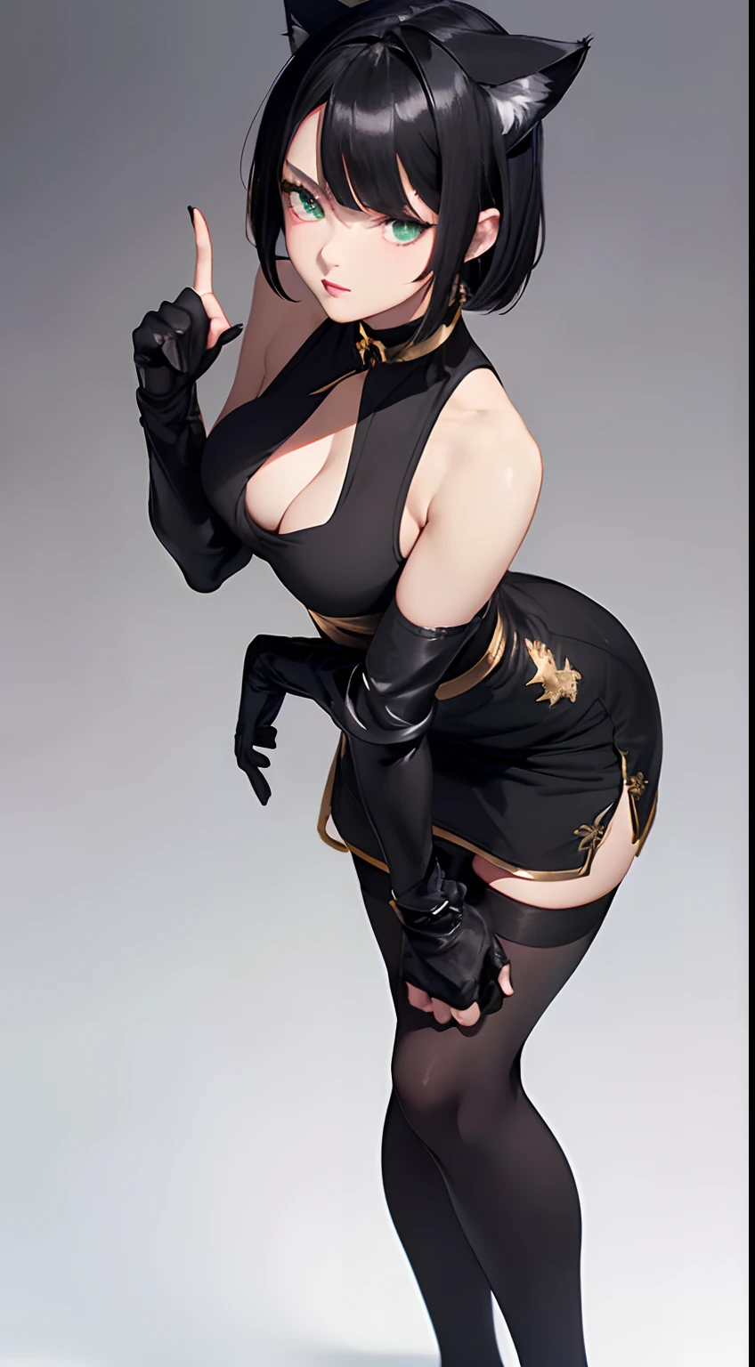 (Best quality, 8K, 12), 1 white young girl, loli, messy short wolfy black hair, cat ears, fluorescent green eyes, bright eyes, (((full body))), big breast, perfecy body, (((ultra detail face, ultra-detailed eyes))), slender eyes, ultra detailed lips, ultra detailed body, ultra detailed breast, convex areolas, (((short sleeveless black qipao with golden notches, long black detachable sleeve, golden armor glove with pointed shape on the fingers, black collar choker, black tight-high stockings, black Japanese tabi))), standing, enticing, milf, front view, looking the viewer, neutral gray background, sfw, no cleavage,