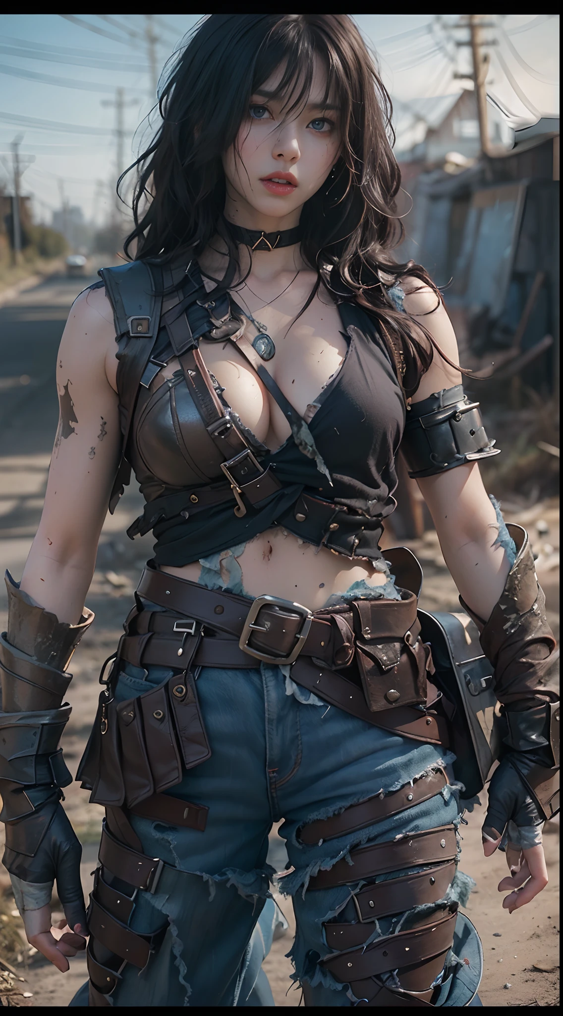 Yael Shelbia(Beautiful and bold、captivating and enticing、blue eyess、pointed breast、long curly black hair、Sweaty body、Open shirt、Short shorts、boots、short gloves、thick leg)。(Deserted roads、Dirt road、fumo、Abandoned cars、newspaper、Abandoned objects、Body lying on the ground、Abandoned roads、Apocalyptic landscape、Movie Effects)、(top-quality、masterpiece、depth of fields、Full-HD、4K、richness of detail)。Portrait Style、Fist of the North Star、Screaming、(((He wears armor on both shoulders)))、holding weapons