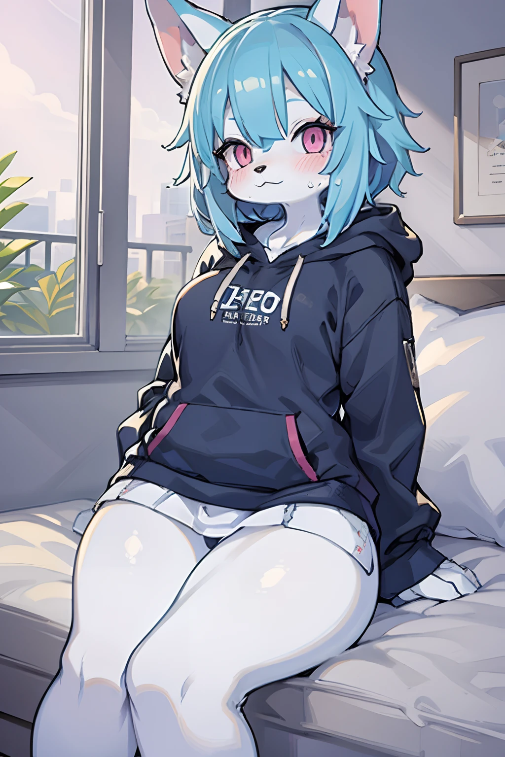 Tall puppy furry, girl, thicc thighs, wearing a hoodie and sweatpants, pastel blue hair and pink eyes