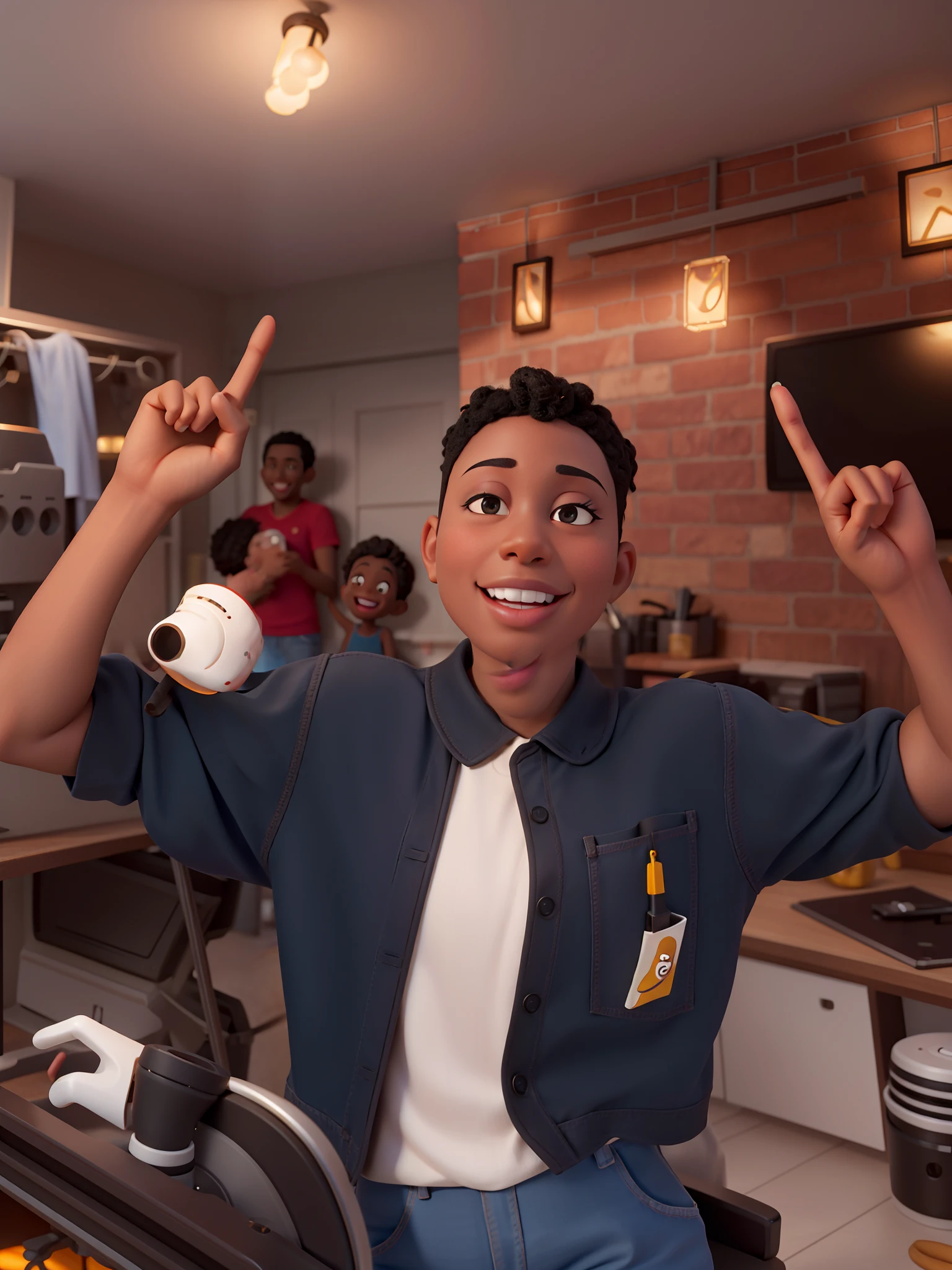 Make an image that is exactly the same as this example. Short hair,Curly hair, Black skin, Please render in typical Disney Pixar style, smiling into camera. Sharp and detailed, 8k, hyper realistic, Kodak 200T, dramatic lighting, minimalist background