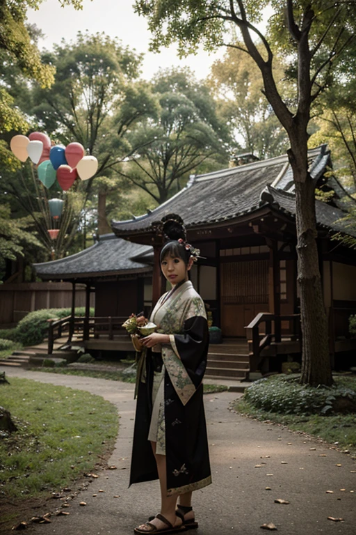 Black goat, eating leaves on the ground, enchanted forest, an elf on its back, balloons in the background, a thin Japanese woman, dressed in a kimono, wooden sandals