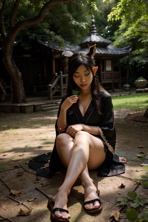 Black goat, eating leaves on the ground, enchanted forest, an elf on its back, balloons in the background, a thin Japanese woman, dressed in a kimono, wooden sandals