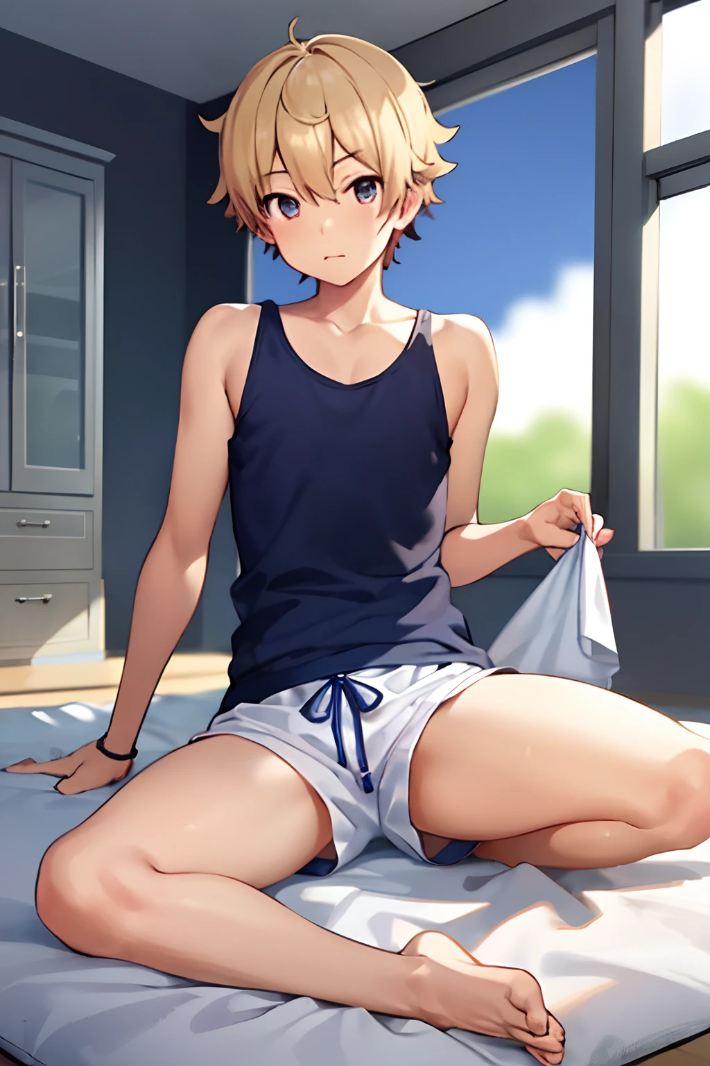 masterpiece, best quality, high quality, 1boy, solo, male focus, looking at viewer, full body, subaru_uchimaki, , tank top, satin white shorts, white spiky hair, blue eye,