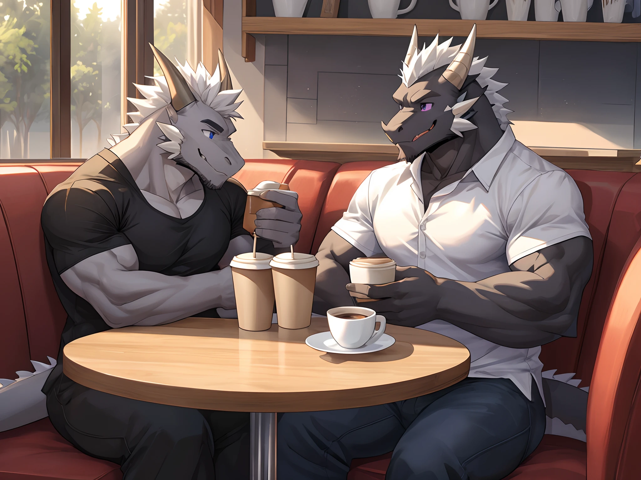 (Best Quality), 1Male,  (Furry Gray Dragon), Blue Eyes, White Medium Hair, Casual Set, Casual Shirt, Muscular, Good Looking, 1Male, (Furry Black Dragon), Purple Eyes, Gray Medium Hair, Gray Facial Hair, Casual Set, Casual Shirt, Good Looking, Muscular, ((Gray Dragon Give Black Dragon a cup of coffee and feed him)), Sitting in sofa, table, close to each other, Comfortable, Warm Feeling, Joy Expression, Morning, Cafe Background.