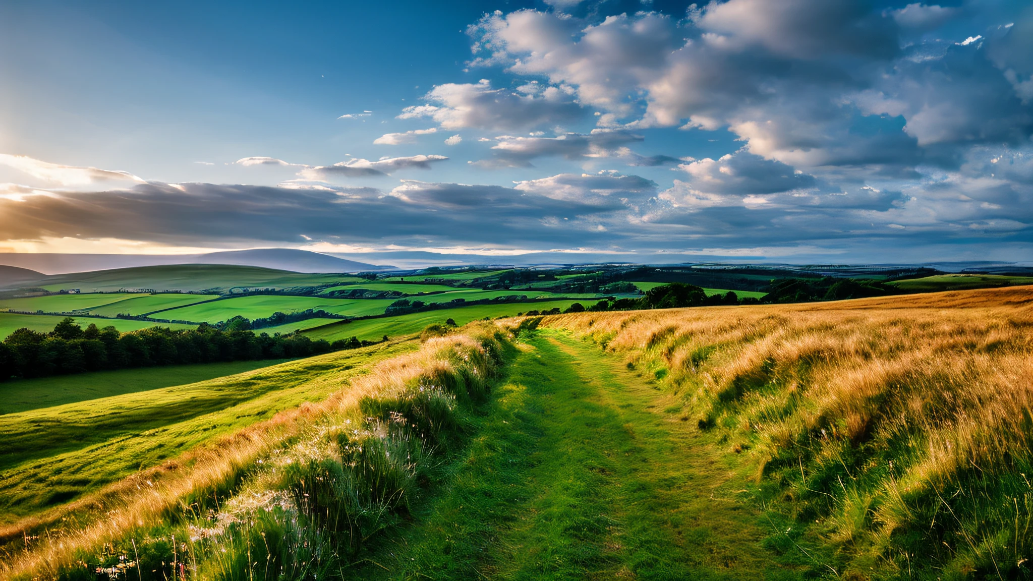 steppe landscape,blues sky and clouds, green forest, Dingdall effect,a country road,Colorful hot air balloons,high quality desktop wallpaper, verdant forest, detailed fields nature, beautiful english countryside, Stunning landscape, Rolling hills, Landscape wallpaper, lush countryside, Patches of green forest, breathtaking landscape, green fields in the background, High quality wallpaper, Beautiful wallpaper