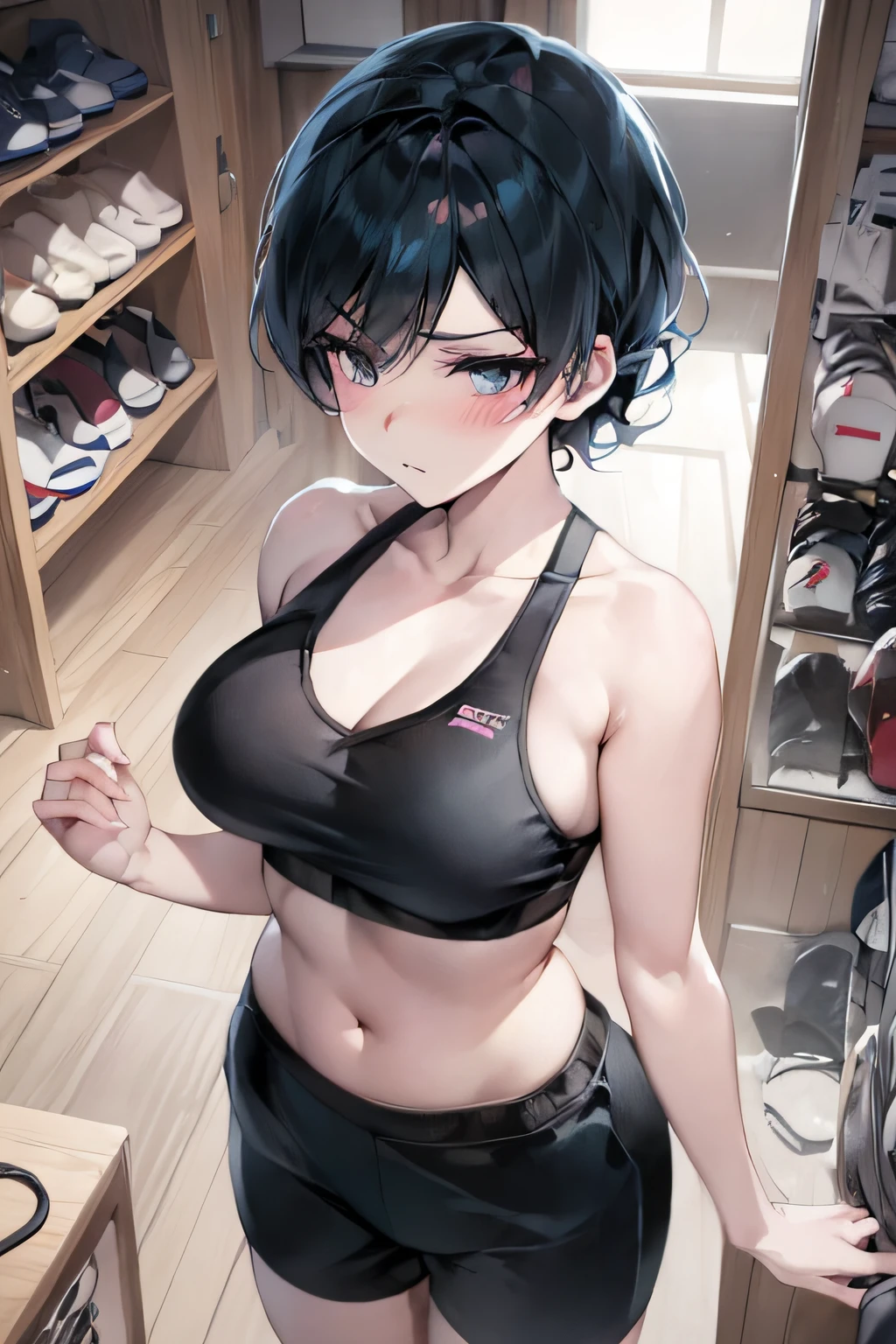 anime - style image of a woman in a black bra top and black shorts, cute sportswear, seductive anime girl, thicc, Ishimi Yokoyama, attractive anime girl, female protagonist 👀 :8, sport bra, anime girl, working out, anime waifu, wearing fitness gear, in a gym, anime moe artstyle