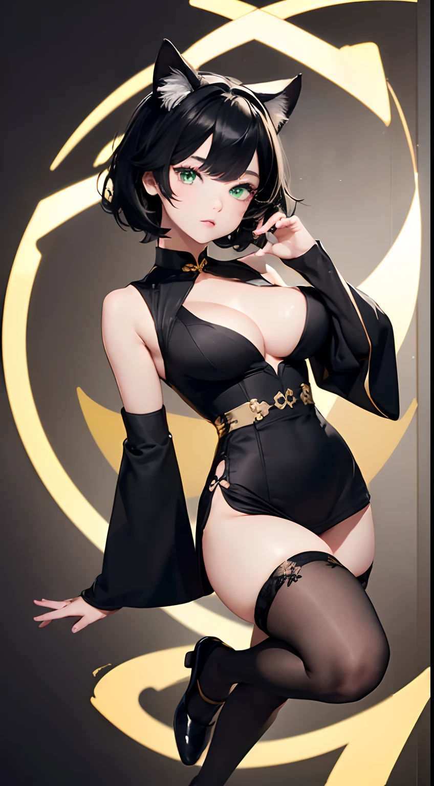 (Best quality, 8K, 12), 1 white young girl, loli, messy short wolfy black hair, cat ears, fluorescent green eyes, bright eyes, (((full body))), big breast, perfecy body, (((ultra detail face, ultra-detailed eyes))), slender eyes, ultra detailed lips, ultra detailed body, ultra detailed breast, convex areolas, (((short sleeveless black qipao with golden notches, long black detachable sleeve, golden armor glove with pointed shape on the fingers, black collar choker, black tight-high stockings, black Japanese tabi))), standing, enticing, milf, front view, looking the viewer, neutral gray background, sfw, no cleavage,