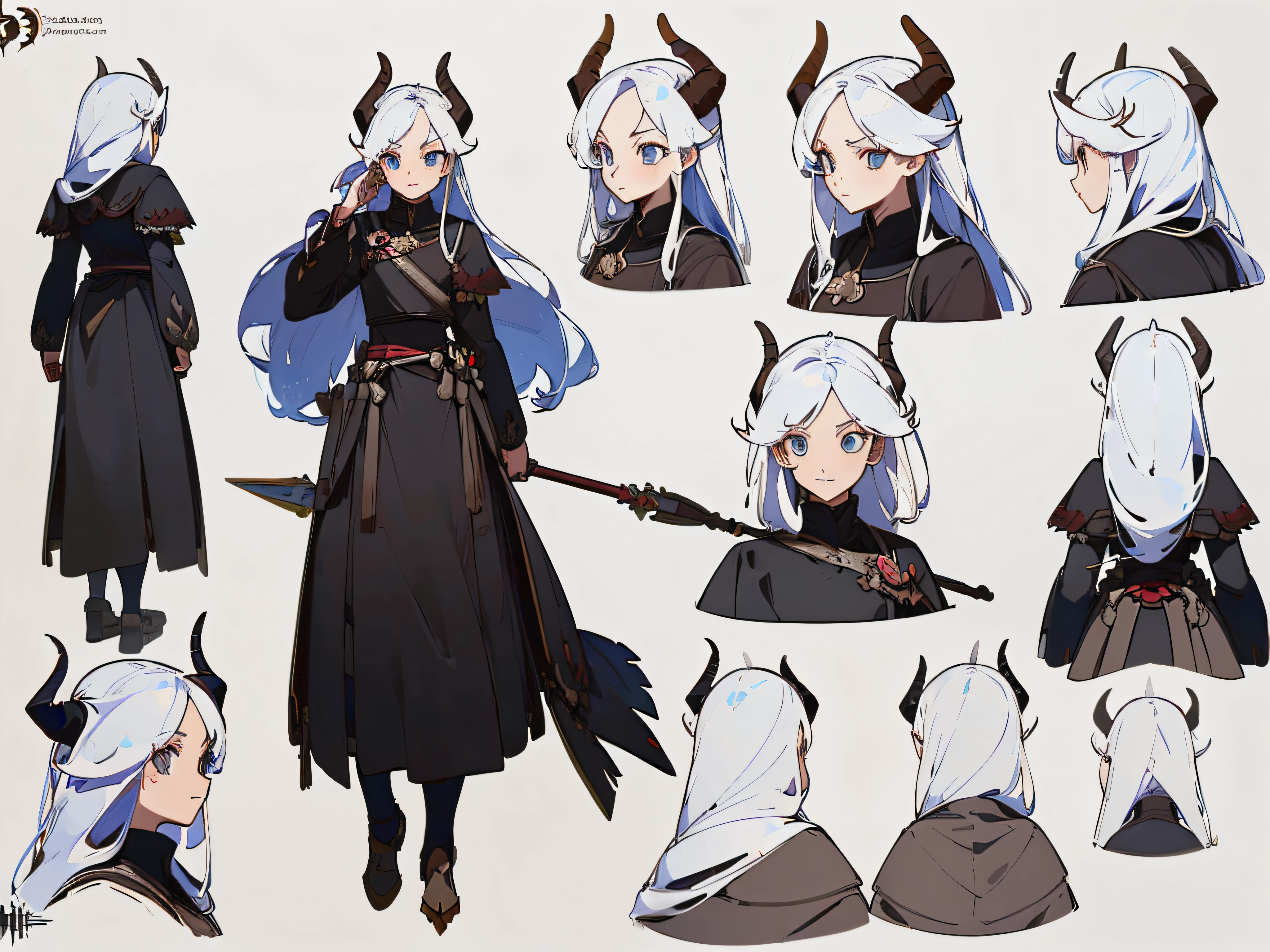 ((masterpiece)),(((best quality))),((character design sheet,same character,front,side,back)),illustration,1 girl,long hair,hair on eyes,beautiful eyes,environment Scene change, pose too, female demon, horns, holds a spear, charturnbetalora, (simple background, white background: 1.3)