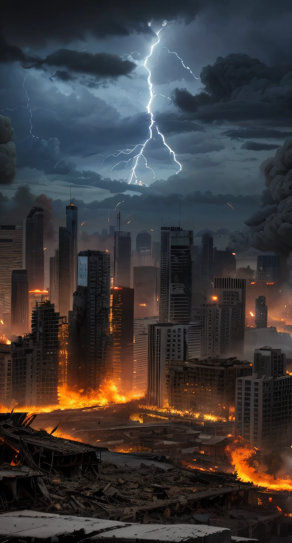 Building after the war,Ruined city in the distance,Ruins of the building,废墟,Wilderness Road,Doomsday scenario,Lightning and thundering sky,dark night sky,salama,Part of the building was faintly burning,A small portion of the flame,