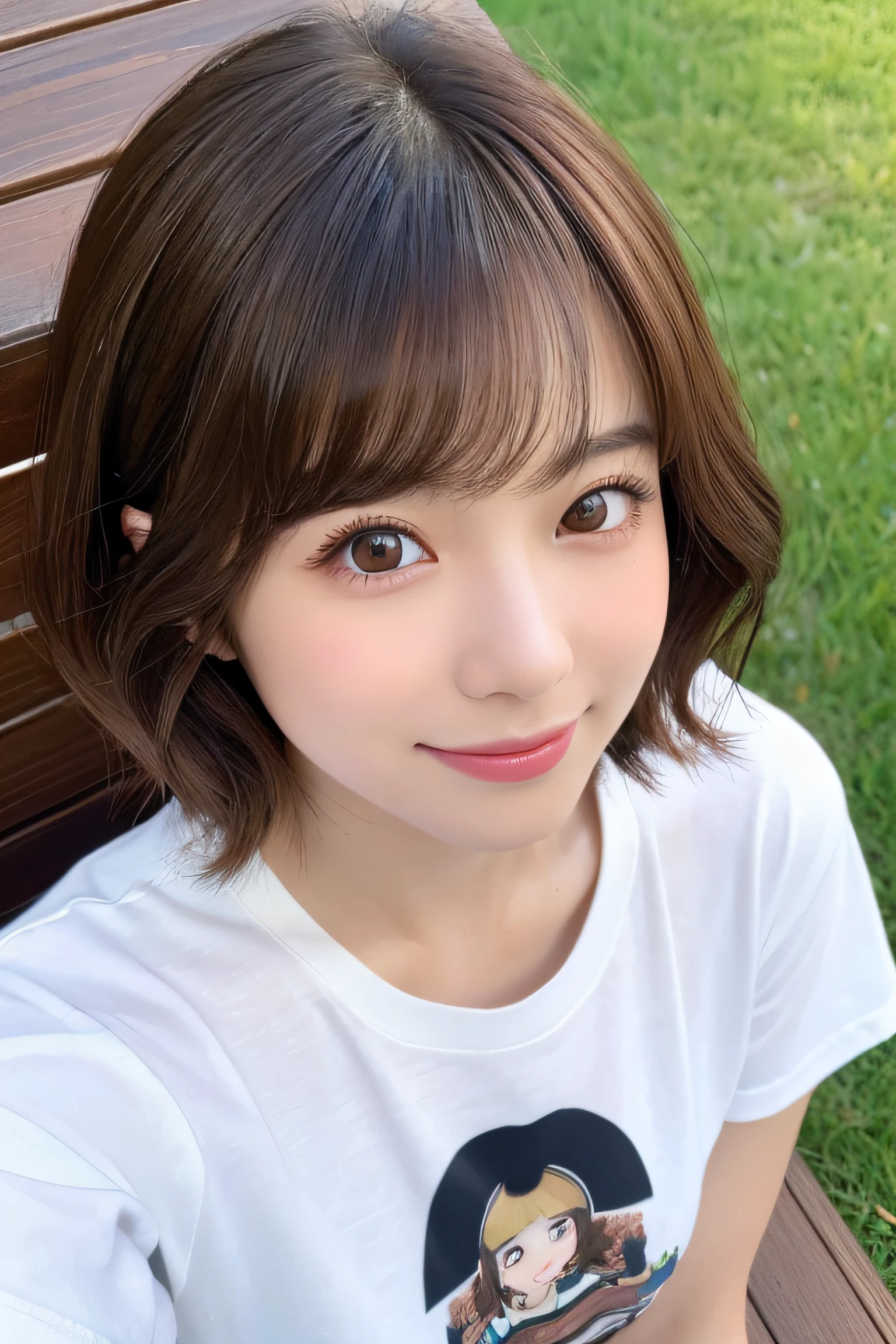 (top-quality,8K picture quality,masterpiece:1.3,),(超A high resolution:1.3,Photorealsitic:1.4,Raw photography:1.2),(ultra-detailliert:1.2,shinny skin,Detailed skin:1.1),(Detailed face,Perfect Anatomy,Caustics:1.2),On the lawn,Sleep on your back,Overhead view,,1人,kawaii,japanes,22year old,Japanese ido,Natural brown hair,Curl short hair outward,Pretty eyes,natural make up,Oversized T-shirt,A smile,Looking at the camera,up on the face,Face Focus,Professional Lighting,natural soft light,