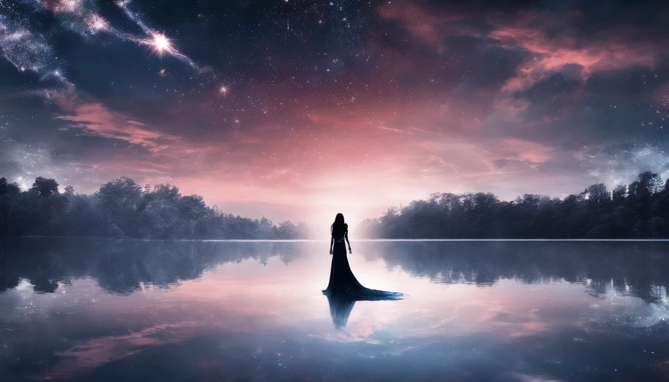 Photograph of the process that takes place in the text-to-image software with artificial intelligence in the first moments of generation.Beautiful woman with long straight hair with black hair and red highlights、sharp eye、Red Eyeliner、long lashes、Red Eyes、Fluttering and snow-white dress、Standing on a lake of mirrored water、Full body projection、Starry sky background