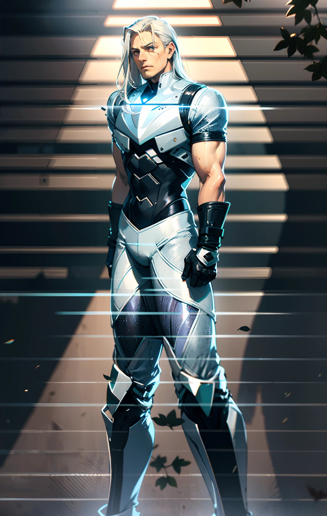 A middle-aged man, long platinum-blond hair, neatly combed hair, a square face, a serious expression, sharp eyes, tall figure, a dark fantasy-realistic style bodysuit, short sleeve, a silver-white chestplate, gloves with metal accessories, three metal blades extending from the gloves, tight-fitting pants that match the bodysuit, silver-white metal shin guards, boots, the background is a mountain forest at night, with falling leaves, this character embodies a finely crafted fantasy-realistic style assassin in anime style, characterized by an exquisite and mature manga illustration art style, high definition, best quality, highres, ultra-detailed, ultra-fine painting, extremely delicate, professional, anatomically correct, symmetrical face, extremely detailed eyes and face, high quality eyes, creativity, RAW photo, UHD, 8k, Natural light, cinematic lighting, masterpiece-anatomy-perfect, masterpiece:1.5