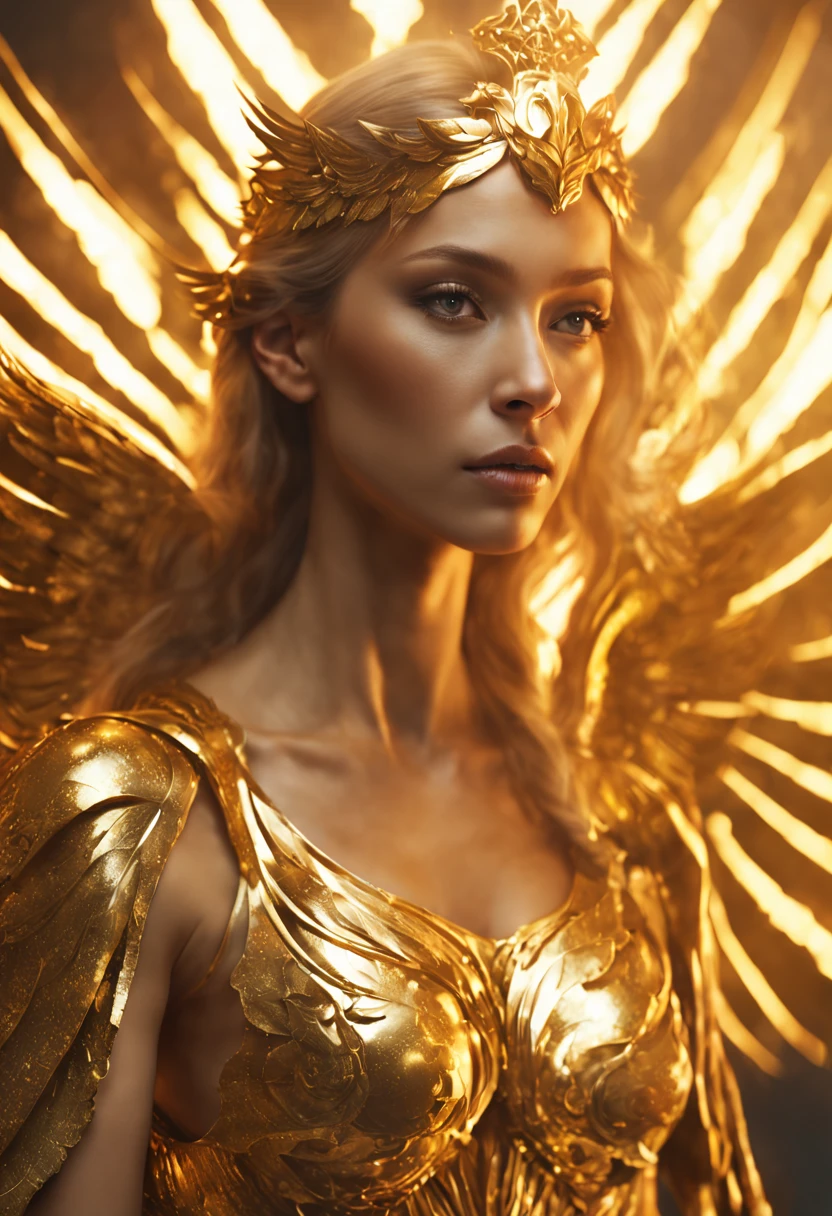 Woman with wings and body, painted gold, unreal engine rendering + a goddess, Cinematic shot of the goddess's body, Ethereal Angelic Being of Light, 3 / 4 types of women with wings, as a mystical valkyrie, with fiery golden wings, Cinematic Goddess Shot, winged human, Elven angel meditating in space, Luminous Angelic Being, Cinematic goddess close-up, Ethereal wings