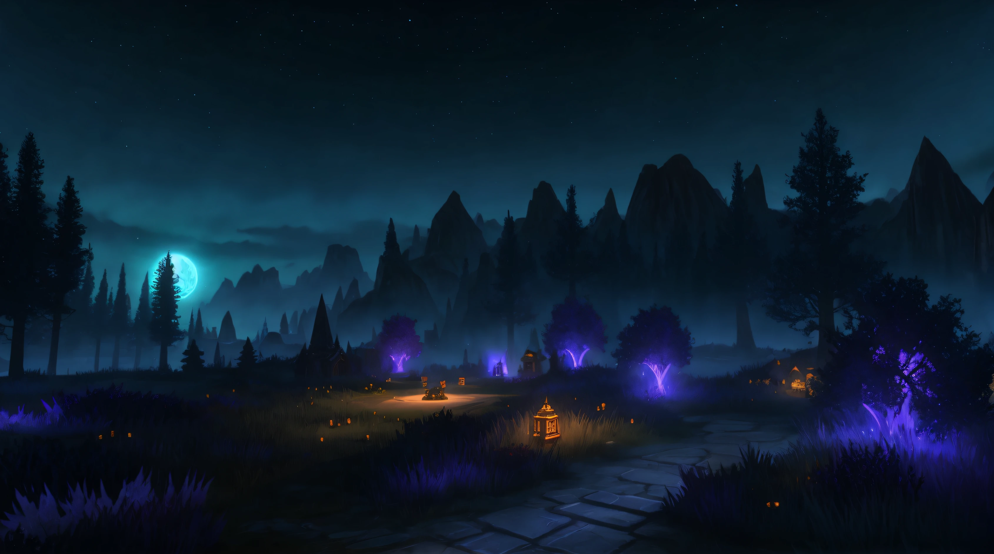 world of warcraft, landscape from the night elfs, dark night, glowing objects