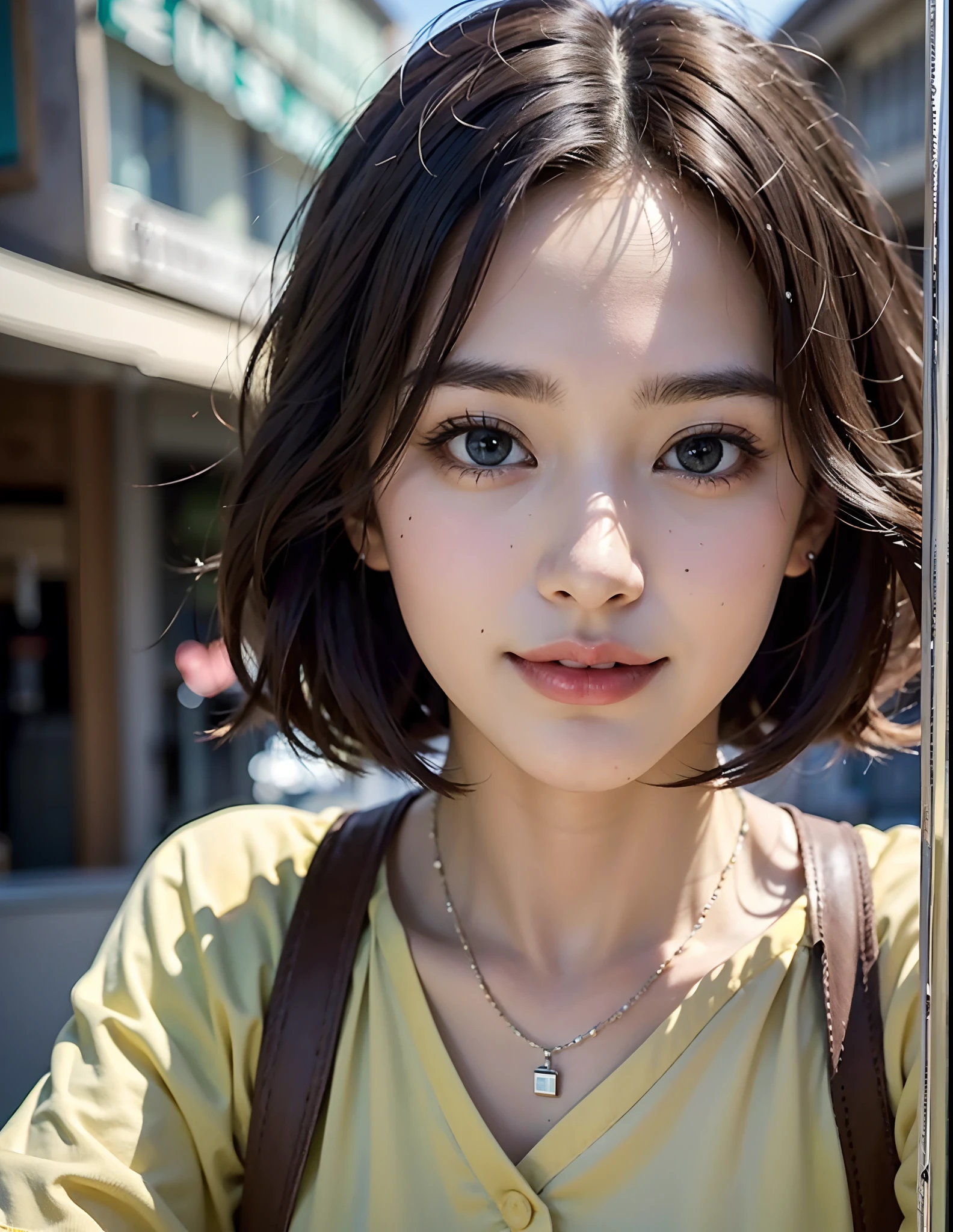 ((Beauty like a model)), masterpiece, The highest image quality, ultra-detailliert, (perfectbody:1.2), ((Perfect face+Bangs aligned above the eyebrows+Brown hair)), Close up of, short-hair,Viewer's Perspective,detailed hairs、Detailed eyes(realisticeyes),profetional lighting,l,(Brown eyes),slenderbody,adult lady,About 28 years old,glamor,kindly smile,Half Girl,Larger shirt、Tight above-the-knee skirt,a necklace,fully body photo,Yokohama Chinatown,