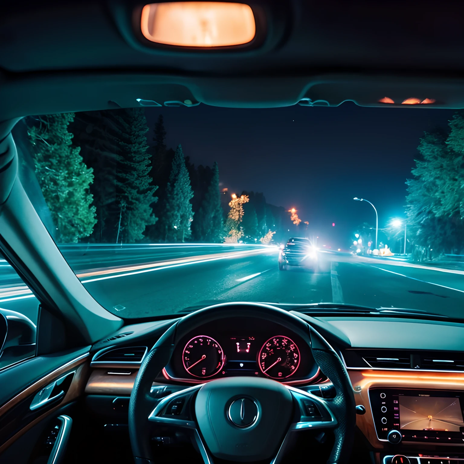 A man is riding a luxury car in a beautiful night view