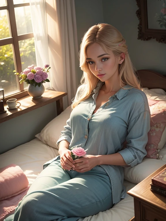 (ultra-detailed,photorealistic:1.37),girl in denim suit,bedroom scene,detailed eyes and face,beautiful detailed lips,longeyelashes,relaxing,peaceful mood,soft lighting,artistic vibes,cozy atmosphere,comfortable,serene,sunlight streaming through the window,lush beddings,floral patterned blanket,wooden headboard with intricate carvings,dimly lit bedside lamp,vintage vases with fresh flowers on the nightstand,bookshelf filled with novels,soft rug on the floor,natural wood flooring,curtains gently swaying in the breeze,soft color palette,natural and warm tones,subtle hints of pink and blue,denim texture in the suit,vibrant green plants in the room,wooden furniture,crisp and clean linen,open window overlooking a garden,peaceful ambiance,relaxing leisure time moments.