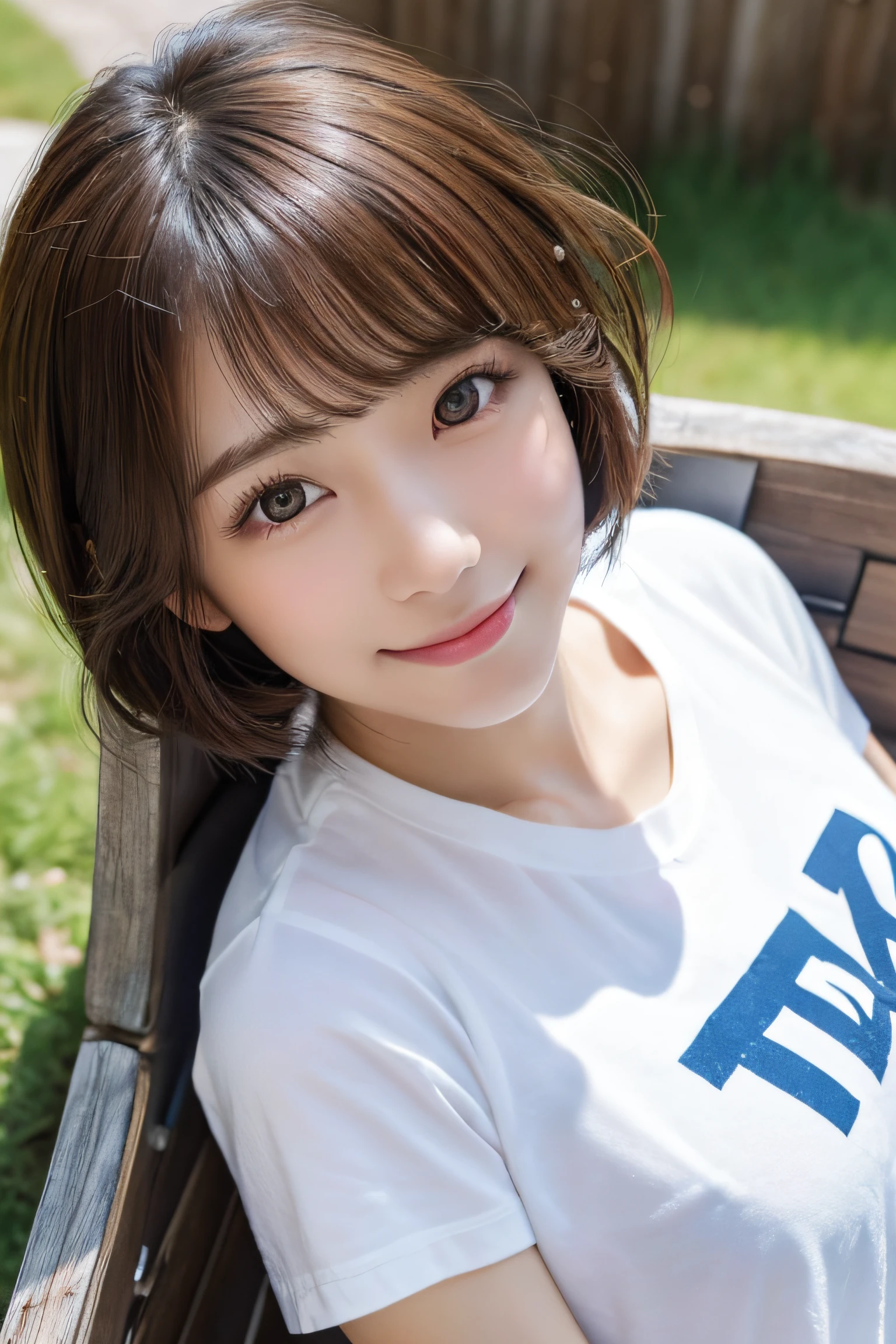 (top-quality,8K picture quality,masterpiece:1.3,),(超A high resolution:1.3,Photorealsitic:1.4,Raw photography:1.2),(ultra-detailliert:1.2,shinny skin,Detailed skin:1.1),(Detailed face,Perfect Anatomy,Caustics:1.2),On the lawn,Sleep on your back,Overhead view,,女の子1人,kawaii,japanes,22year old,Japanese ido,Natural brown hair,Curl short hair outward,Pretty eyes,natural make up,Oversized T-shirt,A smile,Looking at the camera,up on the face,Face Focus,Professional Lighting,natural soft light,