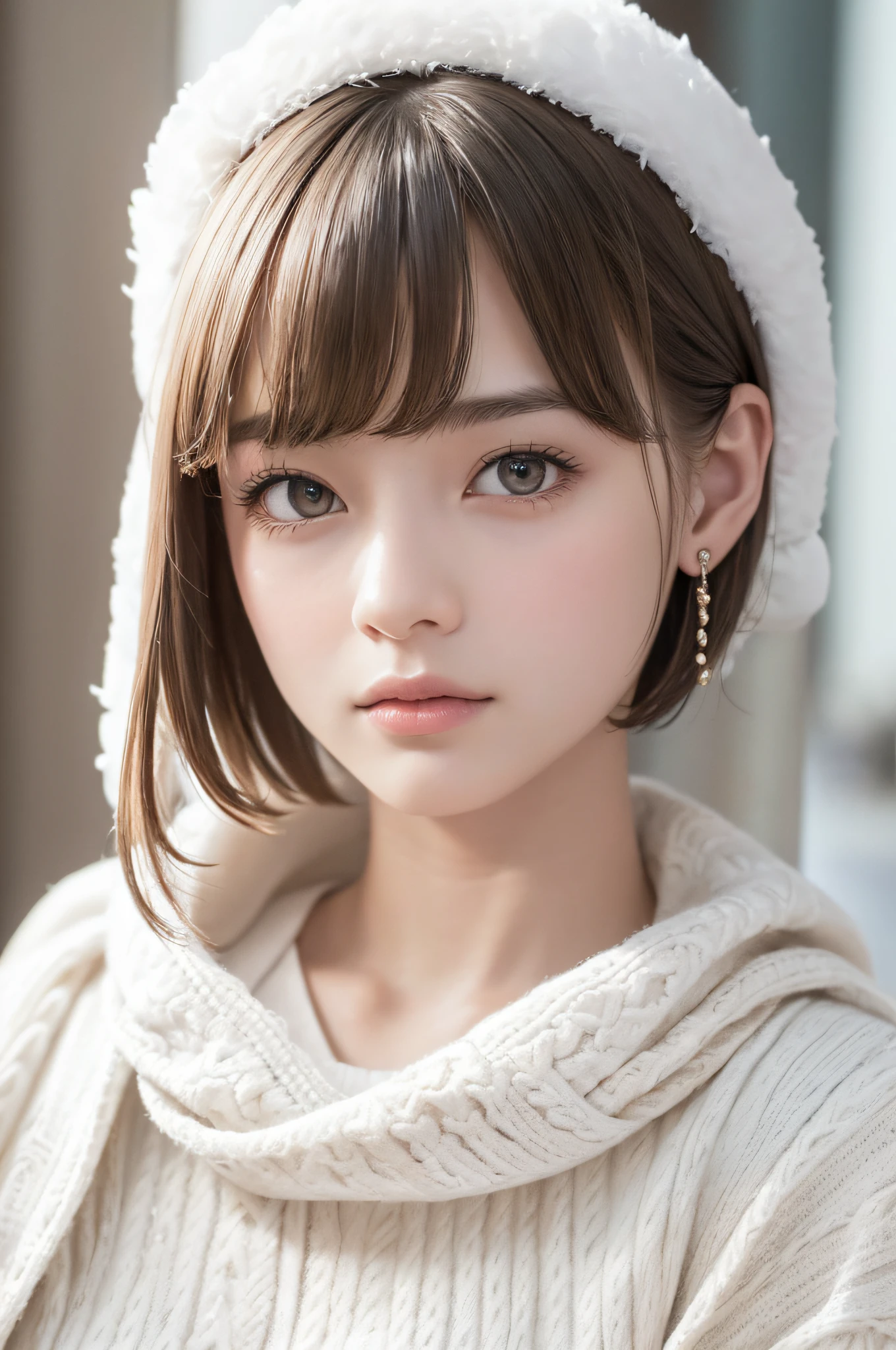 pureerosface_v1, top-quality, Photorealsitic, 8K, hight resolution, 2 girls in, femele, (Skindentation), (portlate:0.6), a gorgeous, dynamicposes, ((poolsidebackground:1.6)), coconut tree, ((Medium Size Round Breast, White High Neck Sweater:1.4)), See who looks straight:1.8, (1 Girl's eyes looking at the viewer, medium lenght hair, brown haired, partedbangs:1.65), (Bokeh), A smile:1.2, (Keep your mouth shut:1.16),