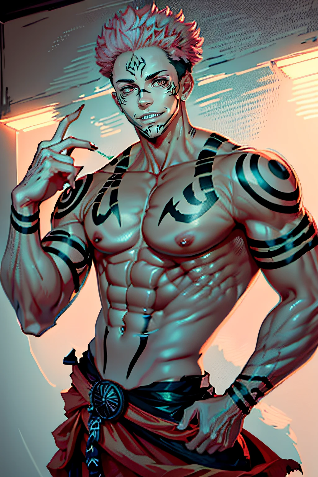 masterpiece, best quality, ultra-detailed, texture, detail eyes,8k, 1boy, Sukuna, a man with pink hair and shirtless, tattoo_ryoumen, tattoo_on_his_face, tattoo on body, looking at viewer, abs, detailed eyes, detailed face, (masterpiece:1.4),(best quality:1.4),,realistic, dark cave, standing pose