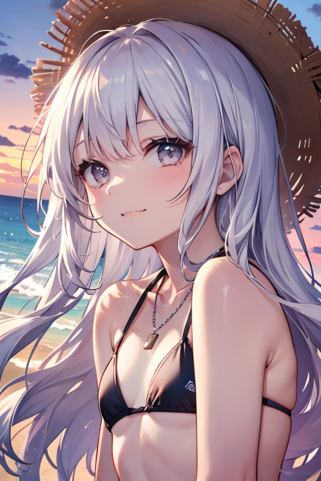 (masutepiece, Best Quality:1.2), 1girl in, 独奏, Cute, kawaii, digitalart、Sandy beach at sunset、Glistening water bounces off、Camisole、Black eyes、Sky at dusk、(Twin-tailed, Beautiful hair, Silver hair.Flowing in the wind)、Panama Hats、Very short miniskirts with red and white pattern、Look at the sky, laught(Smile with your mouth slightly open)、glistning skin、Composition in which the whole body is visible、Small-faced beauty, Heart-shaped necklace,perfect-composition、Perfect light and shadow delicacy、in 8K