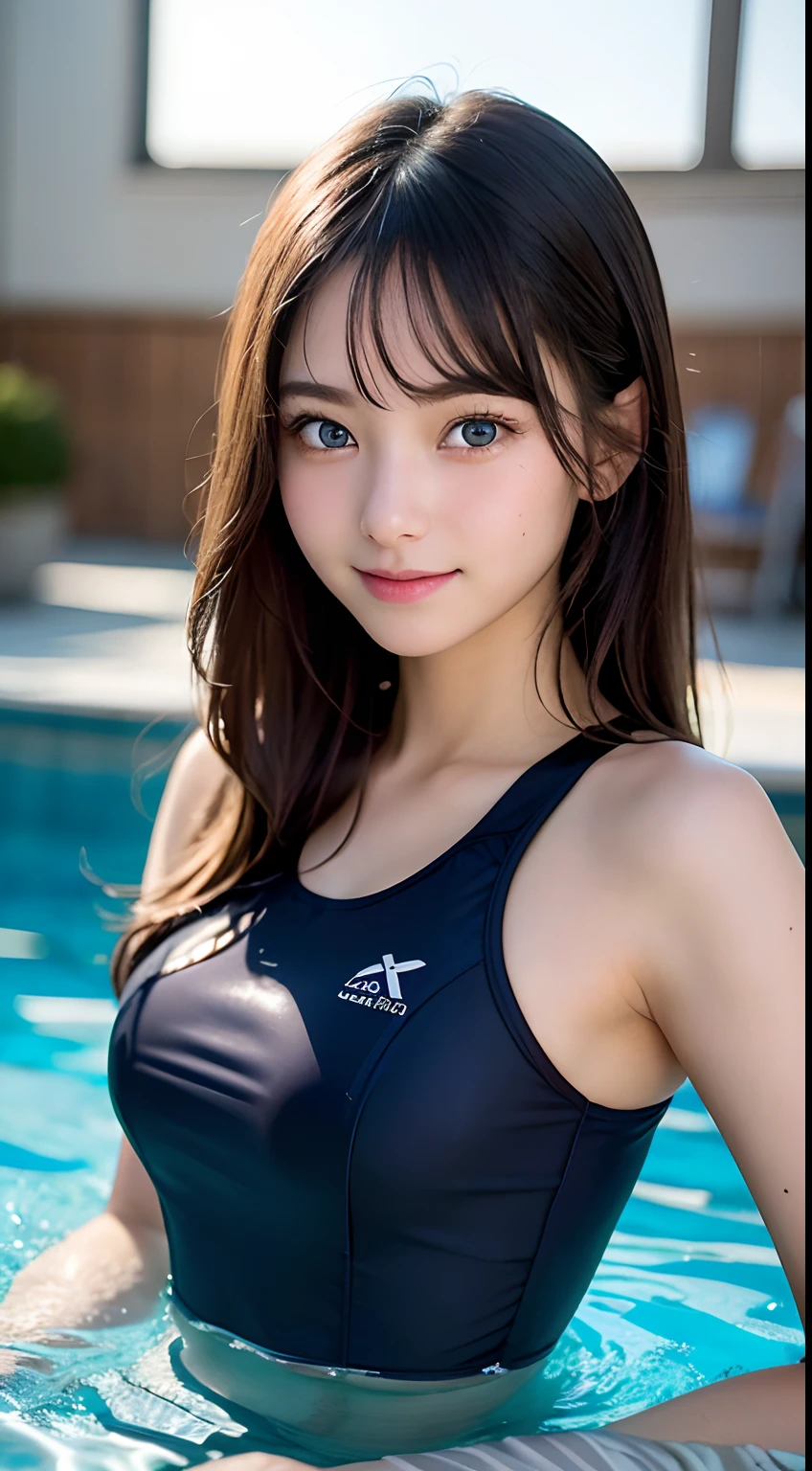 ((best quality, 8K, masterpiece)), ultra-detailed, sharp focus, (1 cute girl), 17yo, ((school swimsuit)), (huge breasts), highly detailed face and skin texture, (((beautiful detailed eyes))), (((beautiful eyes:1.4))), (black hair), (smile:1.15), (closed mouth), (round face), pool